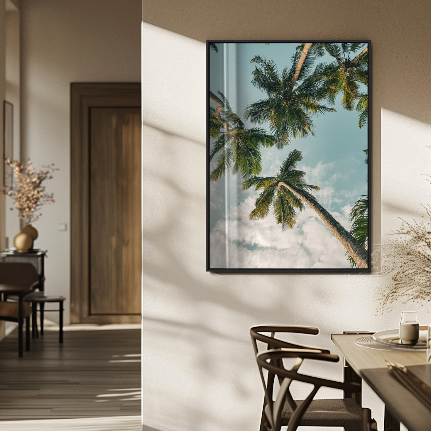 MGV-FP-48X32-3P - Tropical Palm Trees Wall Art Canvas Print, Framed Coastal Nature Art Picture Print, Relaxing Summer Vibes Perfect Boho Coastal Decor Artwork