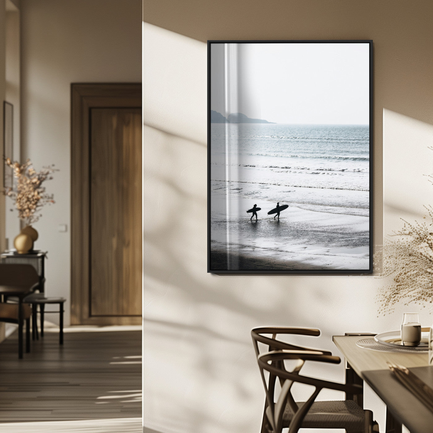 MGV-FP-48X32-3P - Surfer Silhouettes Wall Art Canvas Print, Framed Minimalist Ocean Art Picture Print, Soft Horizon Perfect Minimalist Coastal Decor Artwork