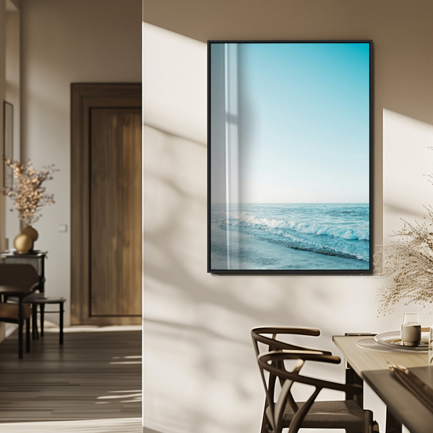 MGV-FP-48X32-3P - Minimalist Ocean Wall Art Canvas Print, Framed Calm Seascape Art Picture Print, Soft Blue Tones Perfect Coastal Minimalist Decor Artwork