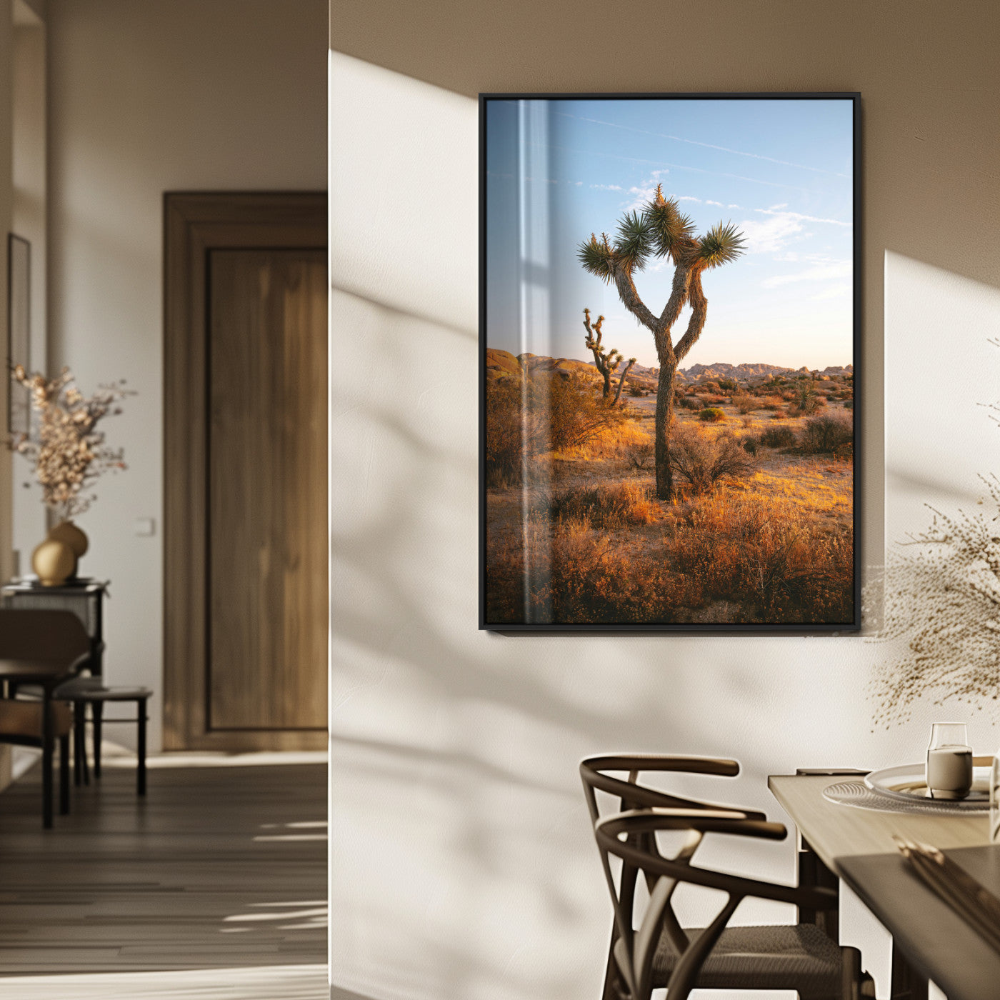 MGV-FP-48X32-3P - Joshua Tree Wall Art Canvas Print, Framed Golden Hour Desert Art Picture Print, Sunset Glow Perfect Southwestern Boho Decor Artwork