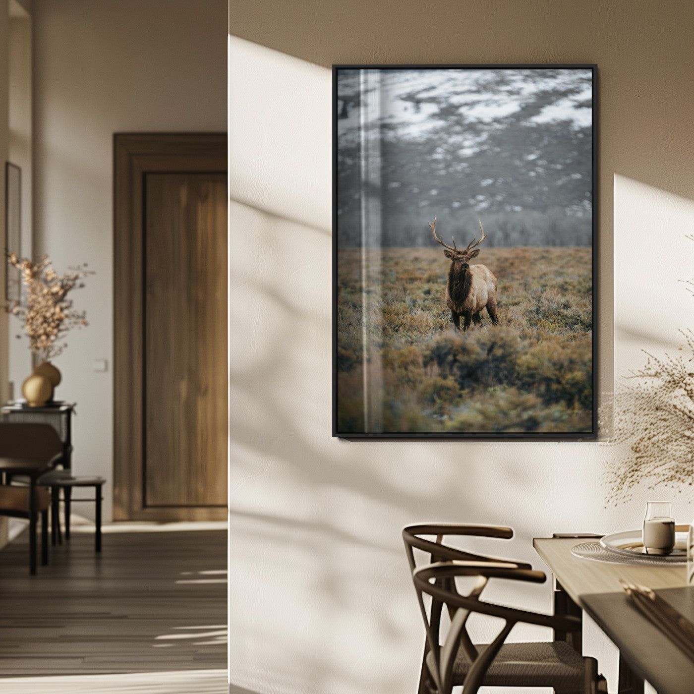 MGV-FP-48X32-3P - Wild Elk Wall Art Canvas Print, Framed Mountain Wilderness Art Picture Print, Majestic Animal Perfect Rustic Lodge Decor Artwork