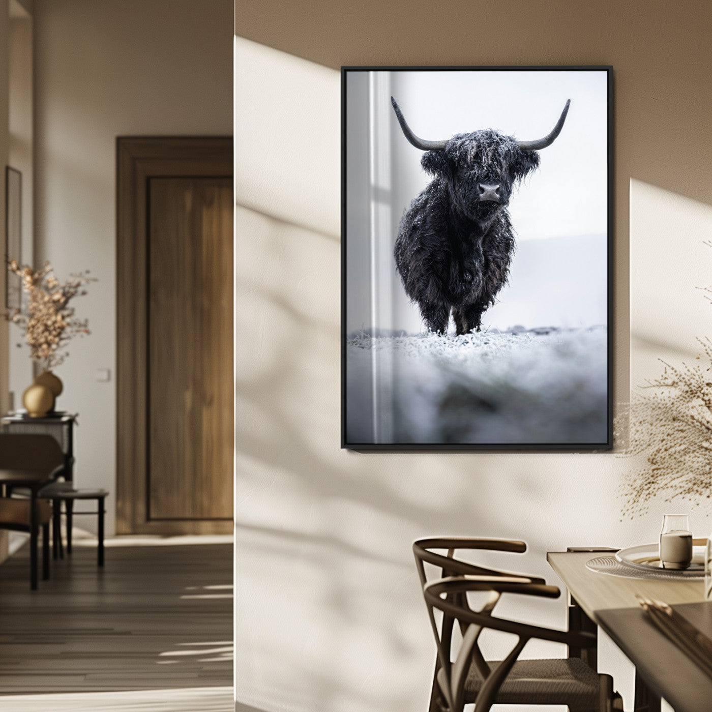 MGV-FP-48X32-3P - Frosty Black Highland Wall Art Canvas Print, Framed Moody Winter Aesthetic Art Picture Print, Scottish Highlands Perfect Modern Rustic Decor Artwork