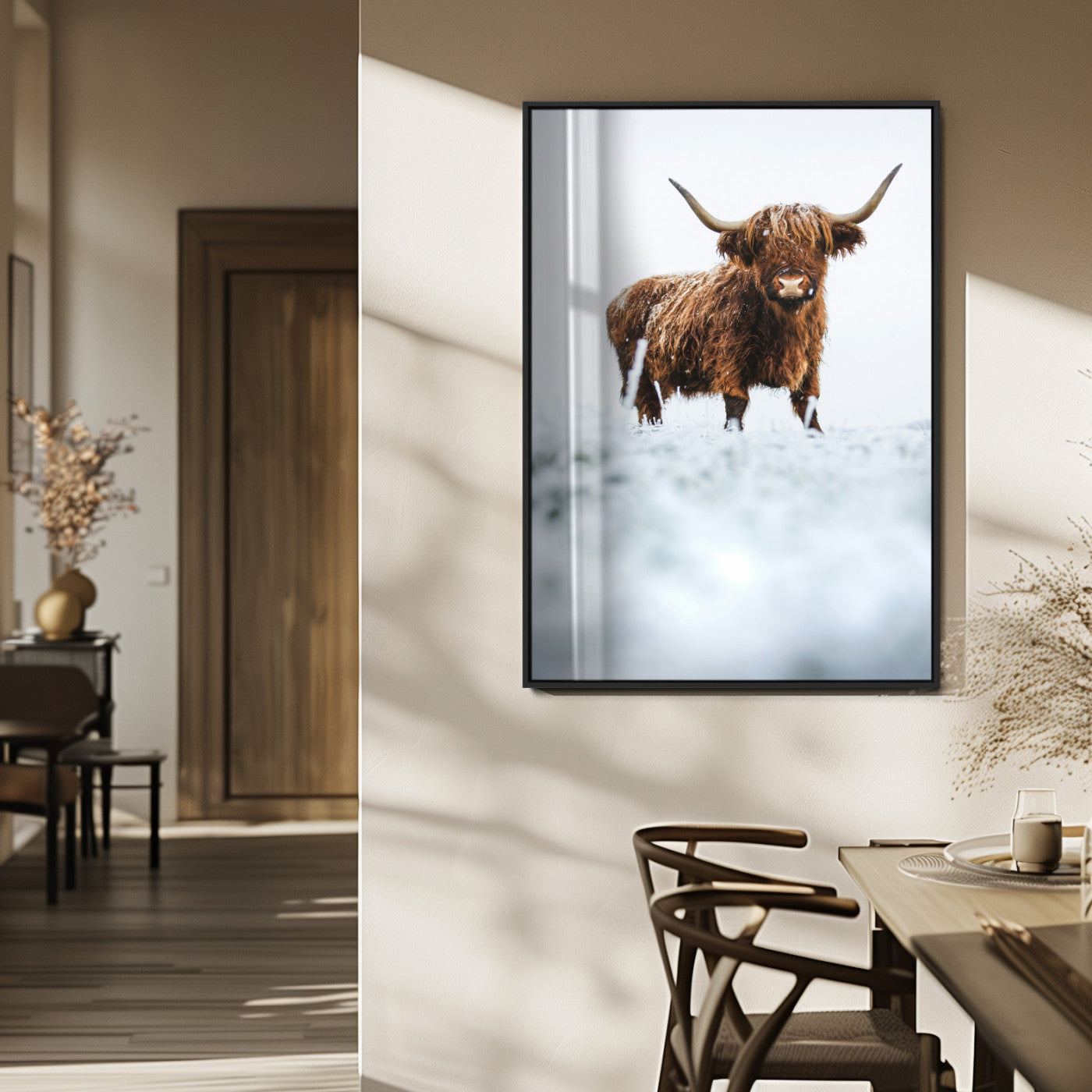 MGV-FP-48X32-3P - Highland Cow Wall Art Canvas Print, Framed Horned Cow Art Picture Print, Scottish Cattle Perfect Farmhouse Decor Artwork