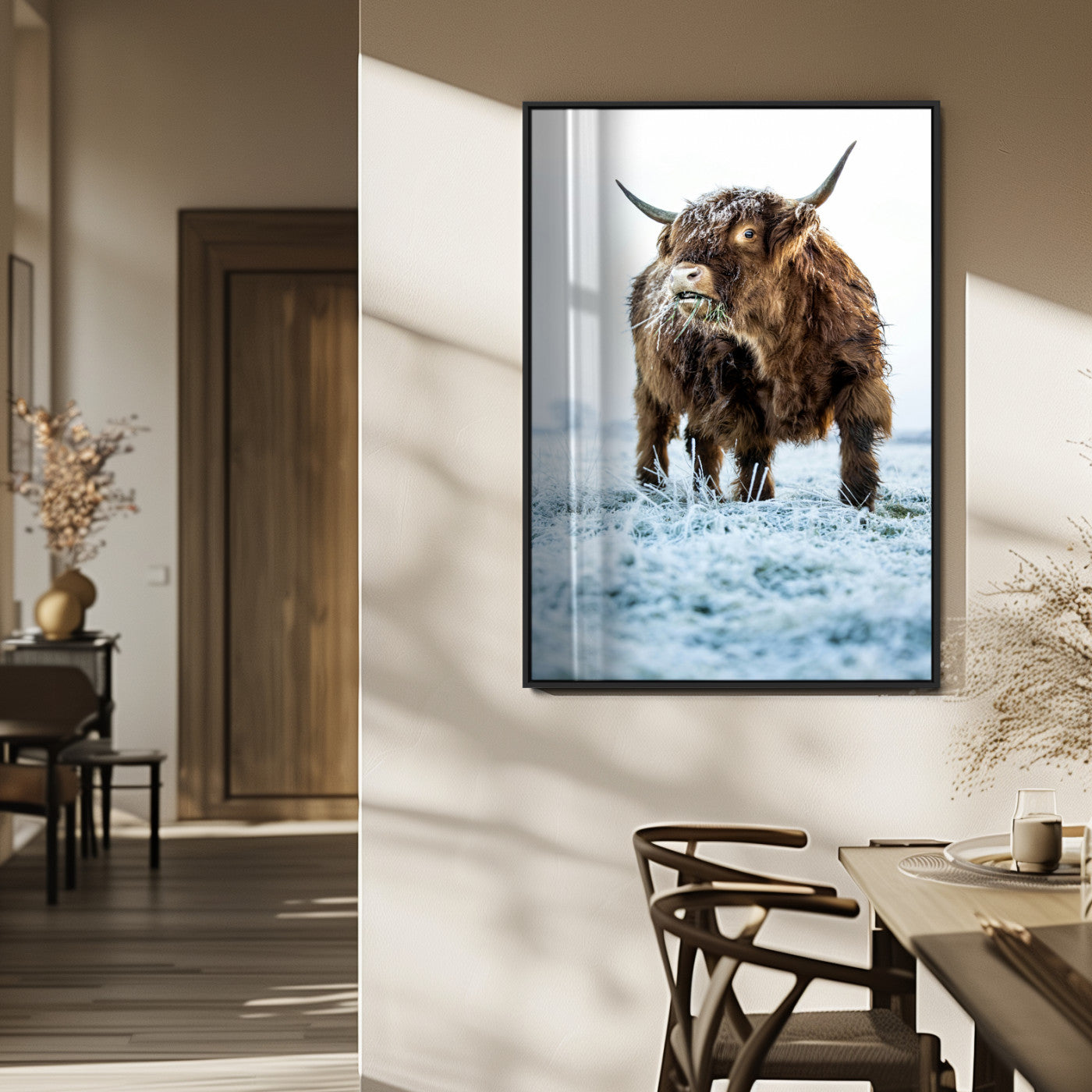 MGV-FP-48X32-3P - Minimalist Scottish Highlang Cow Wall Art Canvas Print for Farmhouse / County Style Art Print for
