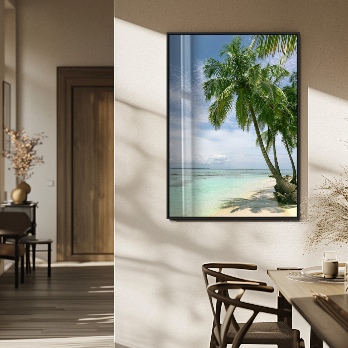 MGV-FP-48X32-3P - Tropical Beach Palm Trees Canvas Print – Island Coastal Wall Art, Bright Ocean Horizon Photography