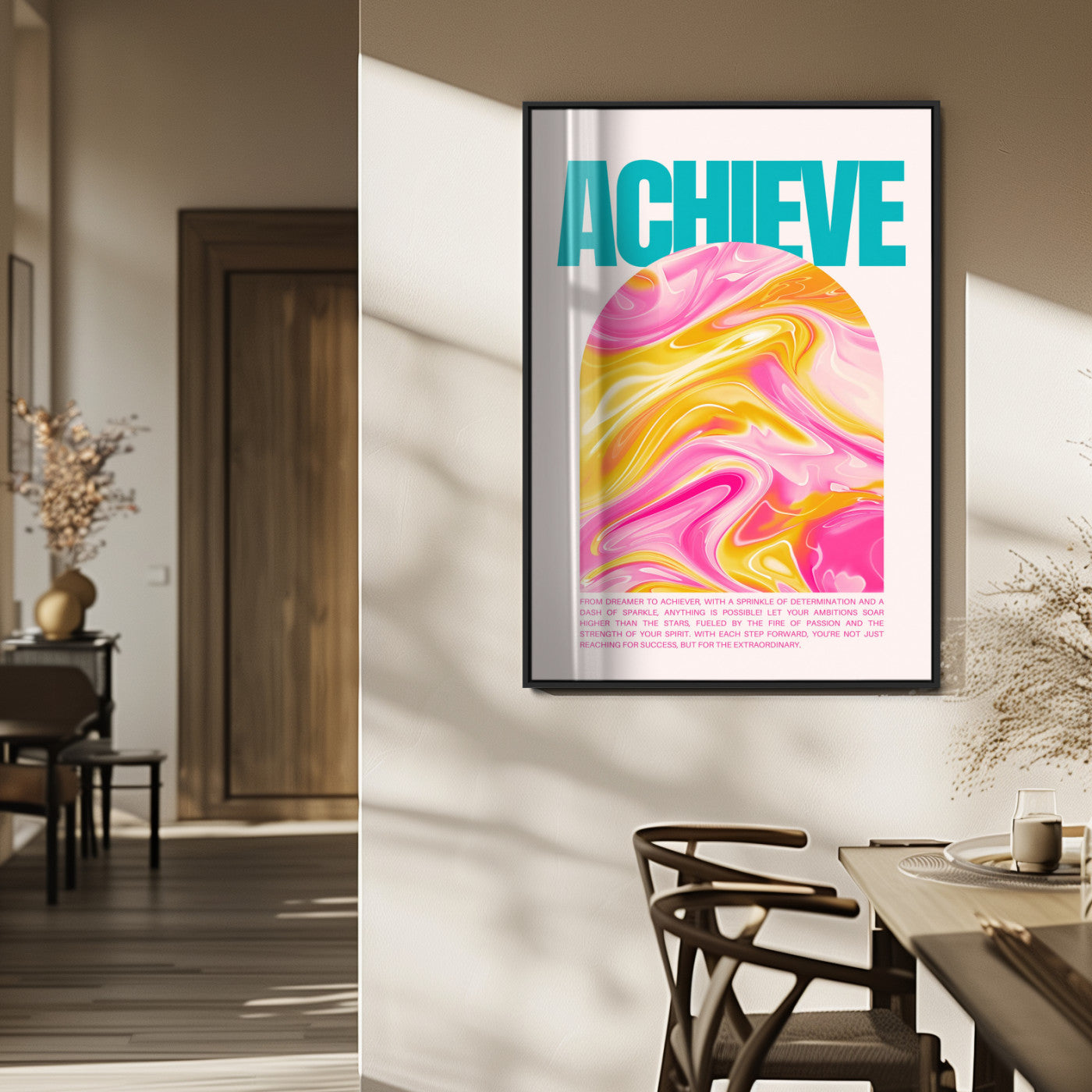 MGV-FP-48X32-3P - Achieve Motivational Poster Canvas Wall Art – Inspirational Abstract Pink & Yellow Swirls, Positive Quote Decor for Office, Home