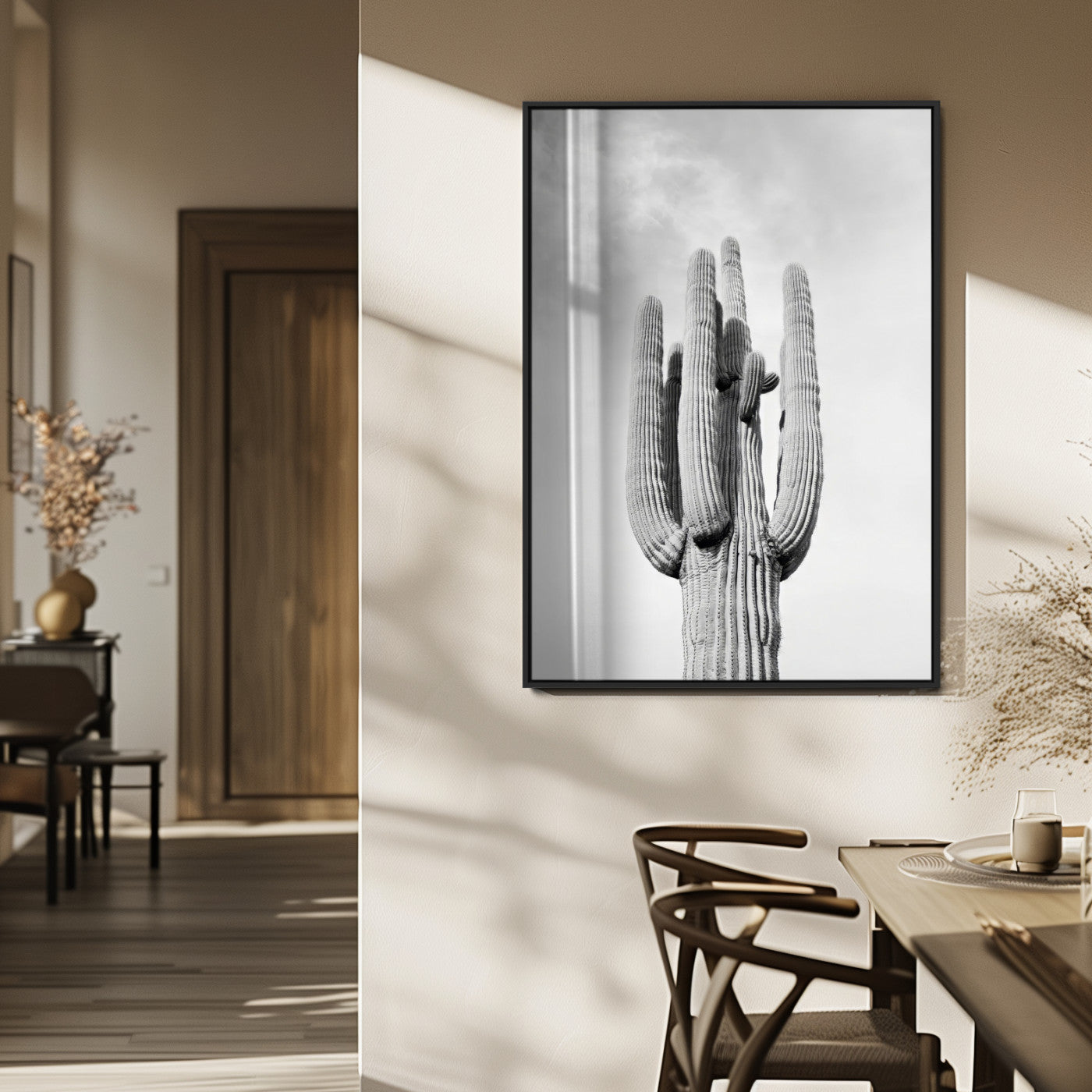 MGV-FP-48X32-3P - Saguaro Cactus Wall Art – Black and White Desert Landscape Canvas Print, Modern Minimalist Nature Decor for Home, Office, Living Room