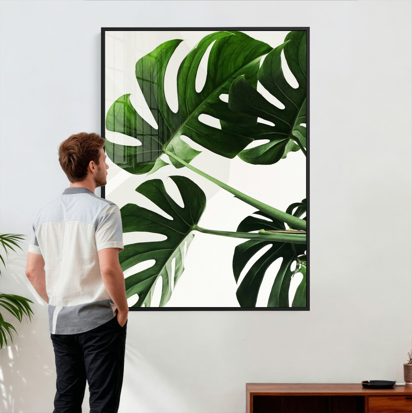 62365202-MGV-CV-24X36 - Green Monstera Leaf Wall Art Canvas Print, Tropical Botanical Wall Decor, Modern Minimal Plant Art, Framed Canvas Wall Art Ready to Hang