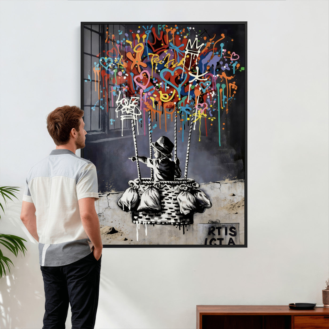 56325542-MGV-CV-24X36 - Banksy Inspired Boy Swing Wall Art Canvas Print, Graffiti Balloon Hearts Street Art, Colorful Urban Mural Artwork for Modern Living Room Decor