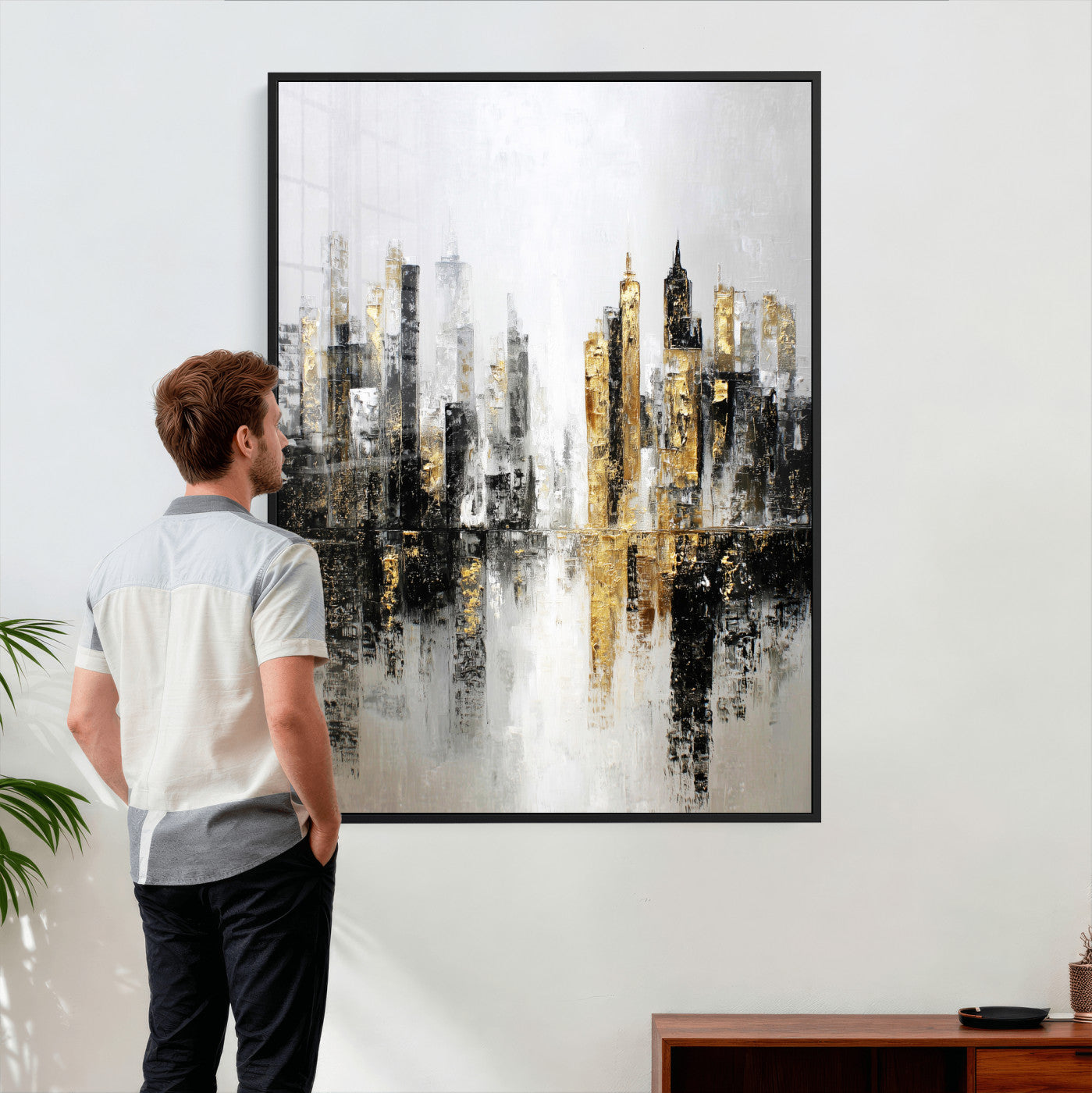 38126217-MGV-CV-24X36 - Abstract Urban Reflection Wall Art Canvas Print, Gold Black Modern Architecture Canvas Print, Contemporary Moody City Artwork for Living Room Decor