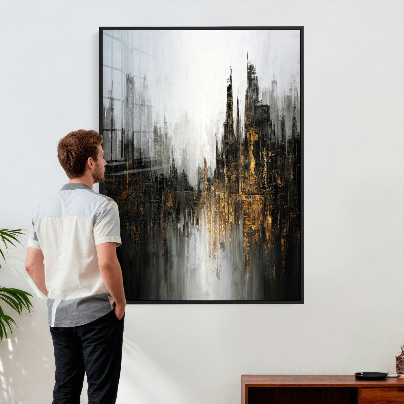 39629486-MGV-CV-24X36 - Abstract Urban Reflection Wall Art Canvas Print, Gold Black Modern Architecture Canvas Print, Contemporary Moody City Artwork for Living Room Decor