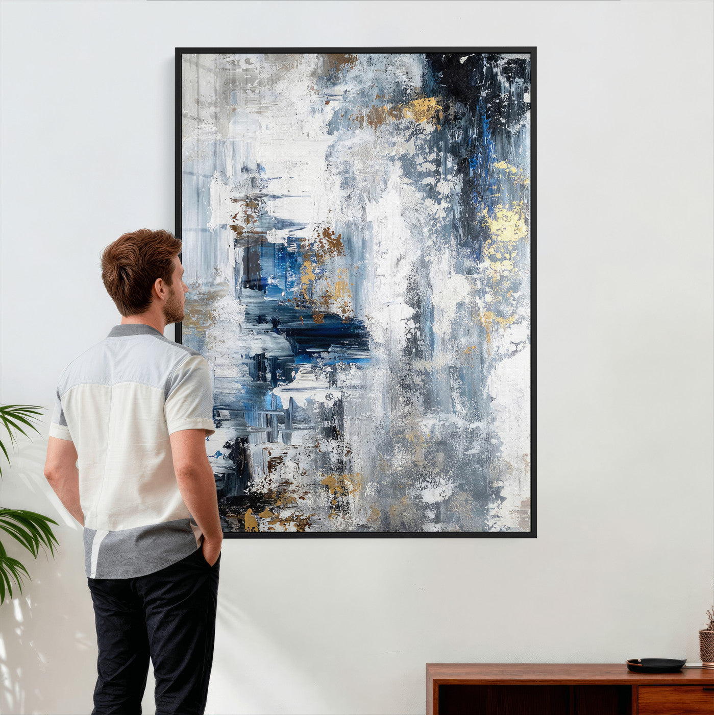 3962948988-MGV-CV-24X36 - Blue Abstract Wall Art Canvas Print, Gold Black Modern Architecture Canvas Print, Contemporary Moody City Artwork for Living Room Decor
