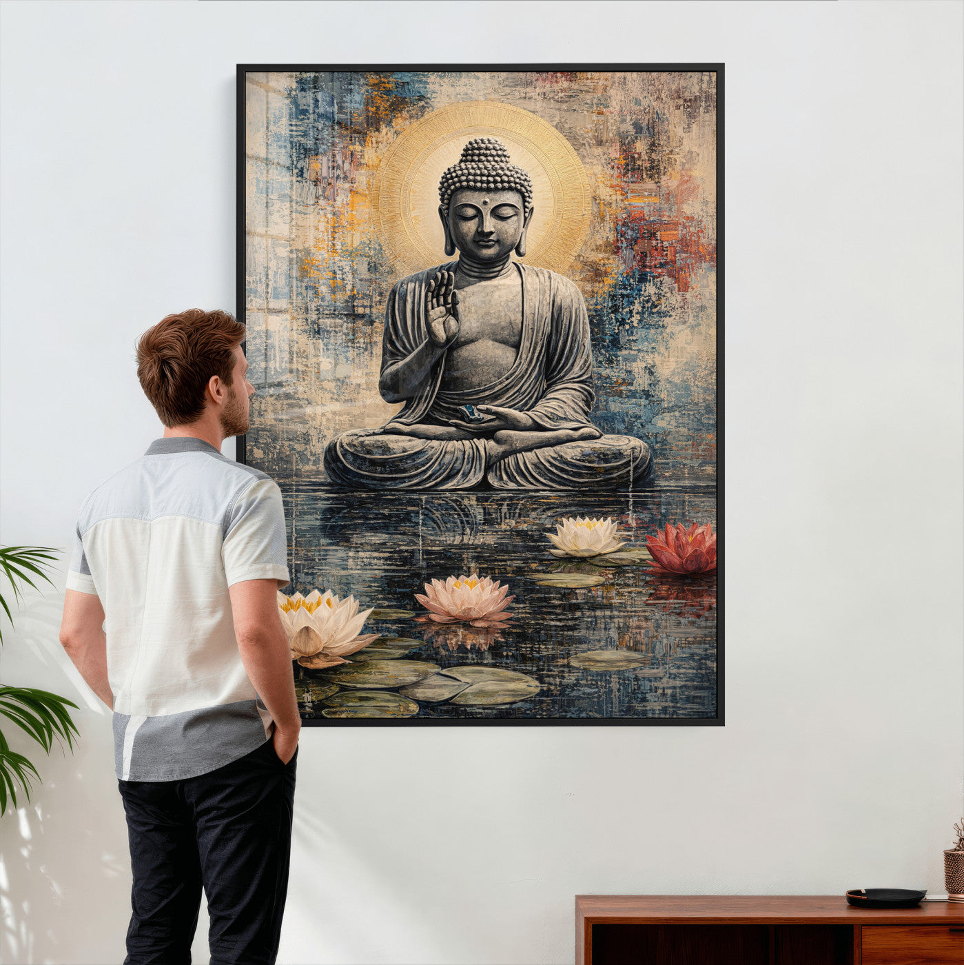3812625445543-MGV-CV-24X36 - Serene Buddha with Lotus Flowers | Tranquil Meditation Art | Zen Wall Decor for Mindful Living Spaces | Spiritual Canvas Print