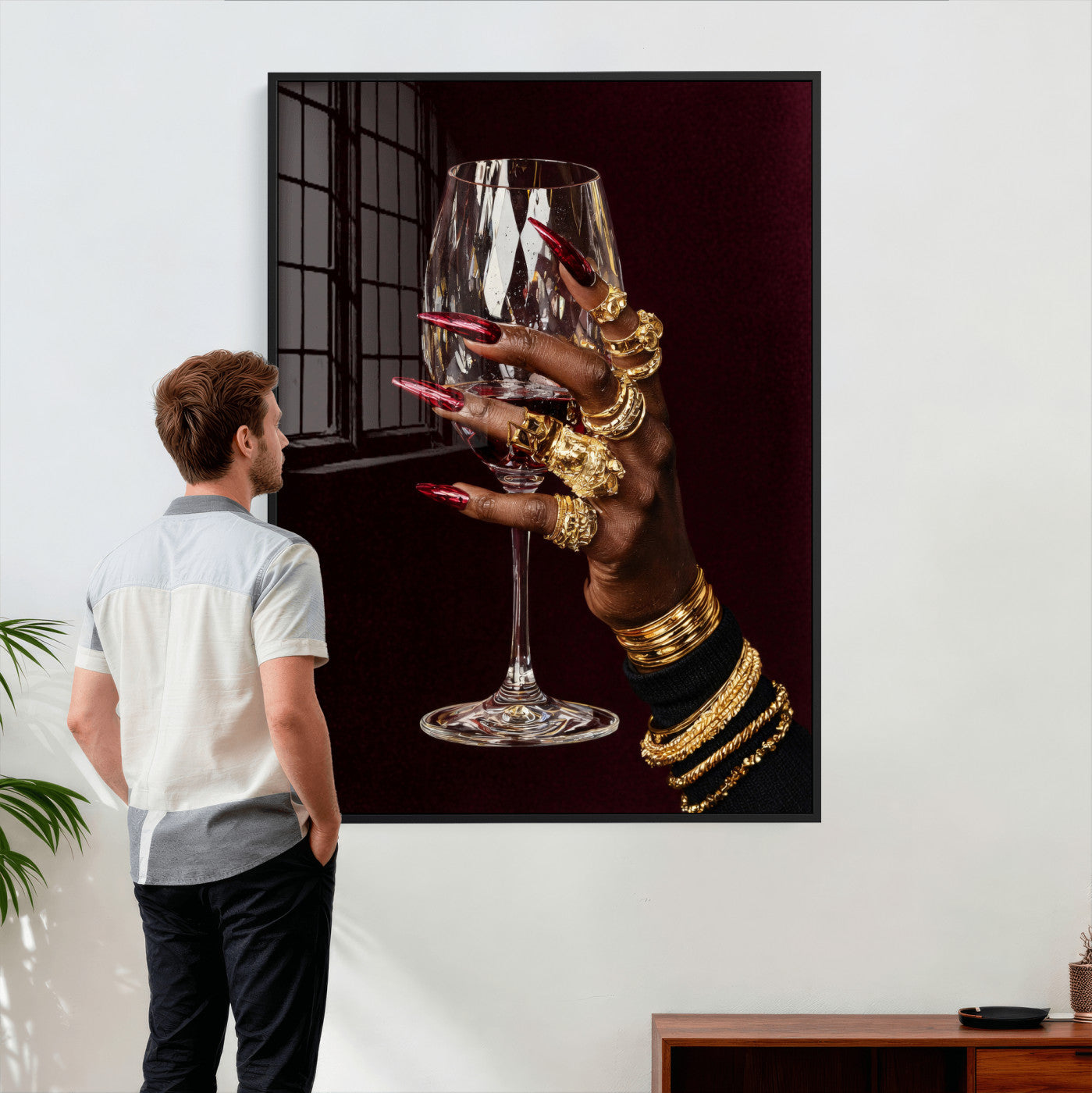 8151788Y6-MGV-CV-24X36 - Black Woman Holding Elegant Wine Glass Art, Black Girl Art, Black Woman Art, Trendy Black Girl Wall Art