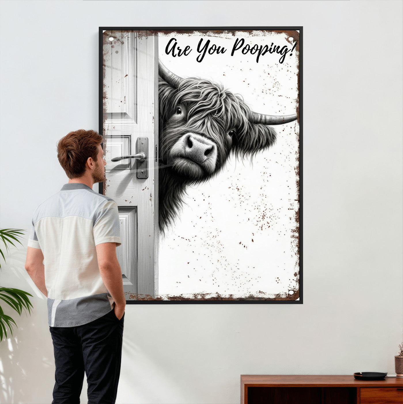 8151788G6-MGV-CV-24X36 - Funny Highland Cow Bathroom Wall Art Canvas Print, Are You Pooping Cow Sign, Rustic Farmhouse Bathroom Decor