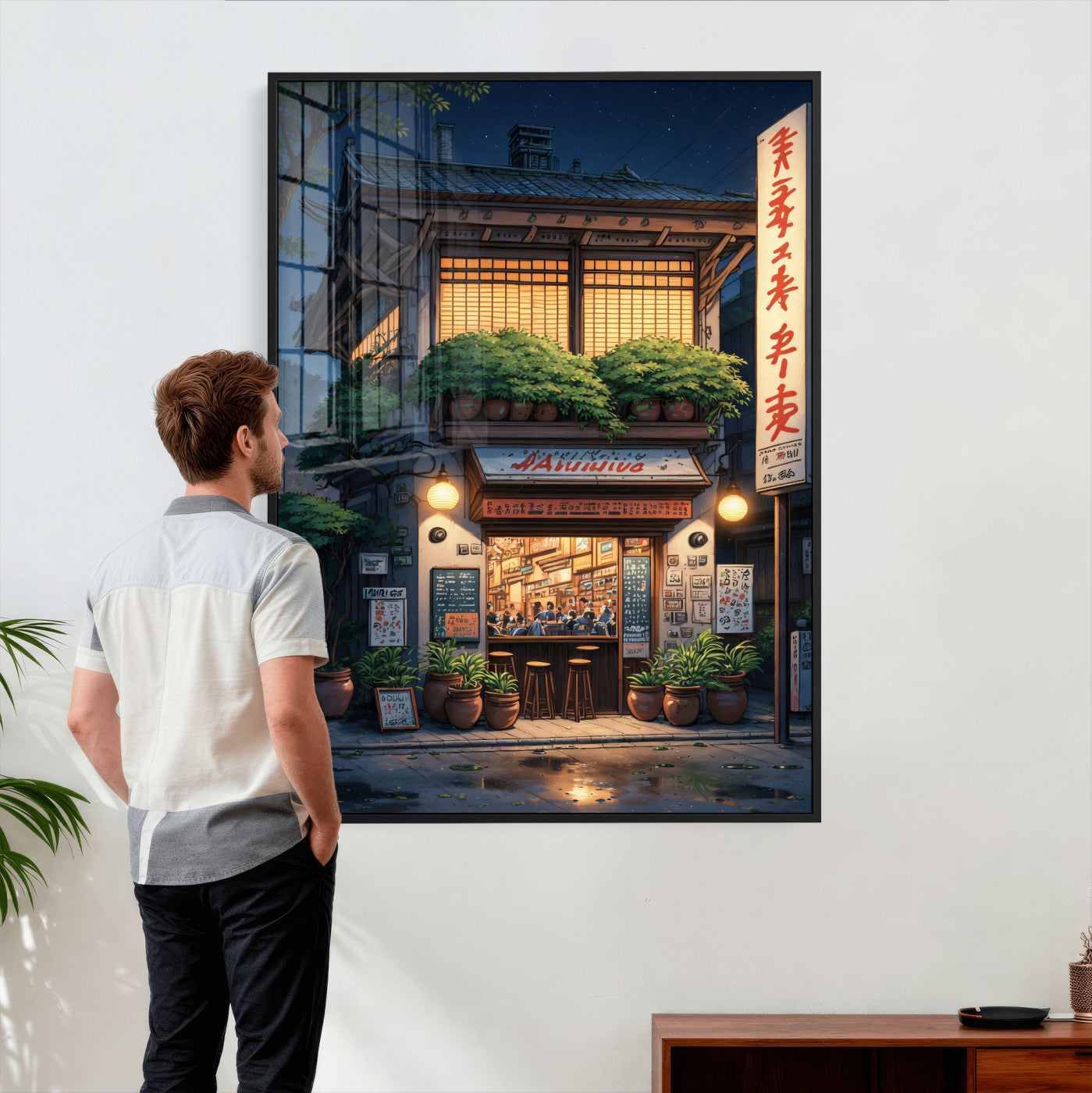 4712069TE1-MGV-CV-24X36 - Evening at the Ramen Shop Canvas Wall Art — Japan Night Anime Print | Japanese Restaurant Decor | Lofi Wall Art | Ramen Lover Gift