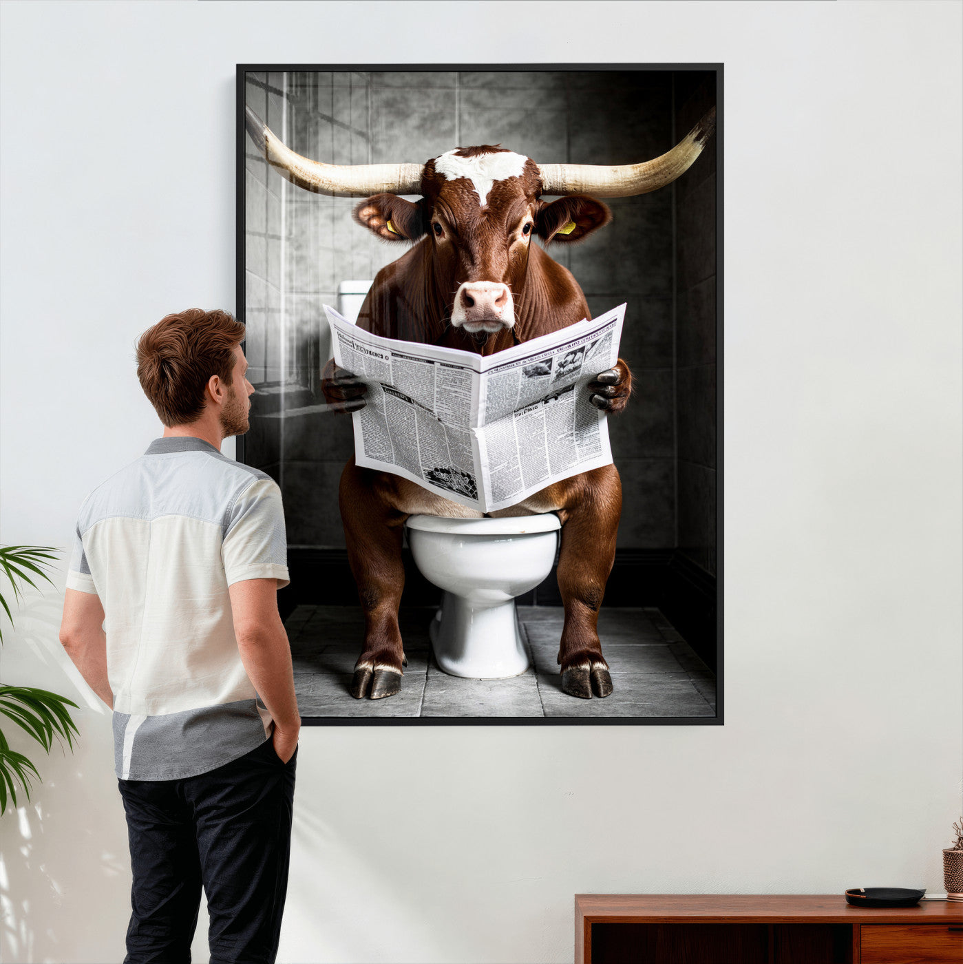 69808726-MGV-CV-24X36 - Texas Longhorn Cow Toilet Paper Canvas Wall Art, Funny Bathroom Black White Print, Cute Animal Humor Decor, Quirky Farmhouse Bathroom Art, Cow Lover Gift