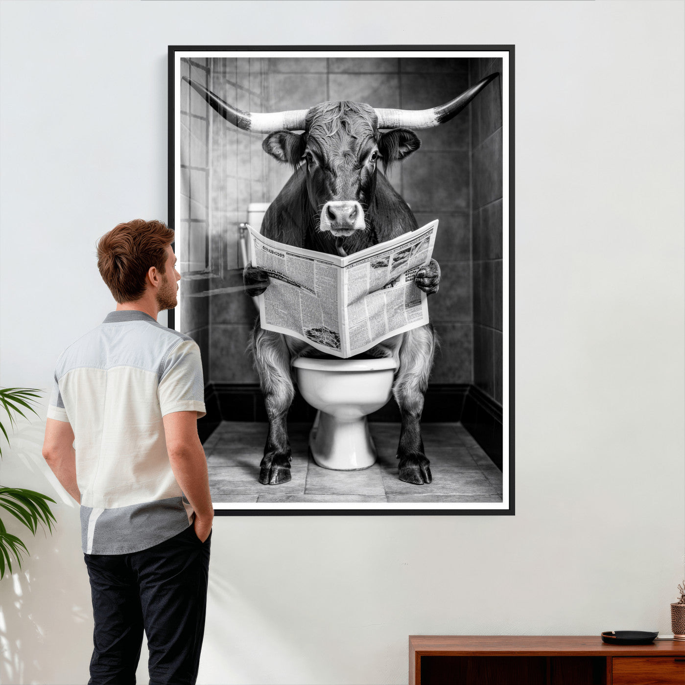 77994492-MGV-CV-24X36 - Texas Longhorn Cow Toilet Paper Canvas Wall Art, Funny Bathroom Black White Print, Cute Animal Humor Decor, Quirky Farmhouse Bathroom Art, Cow Lover Gift