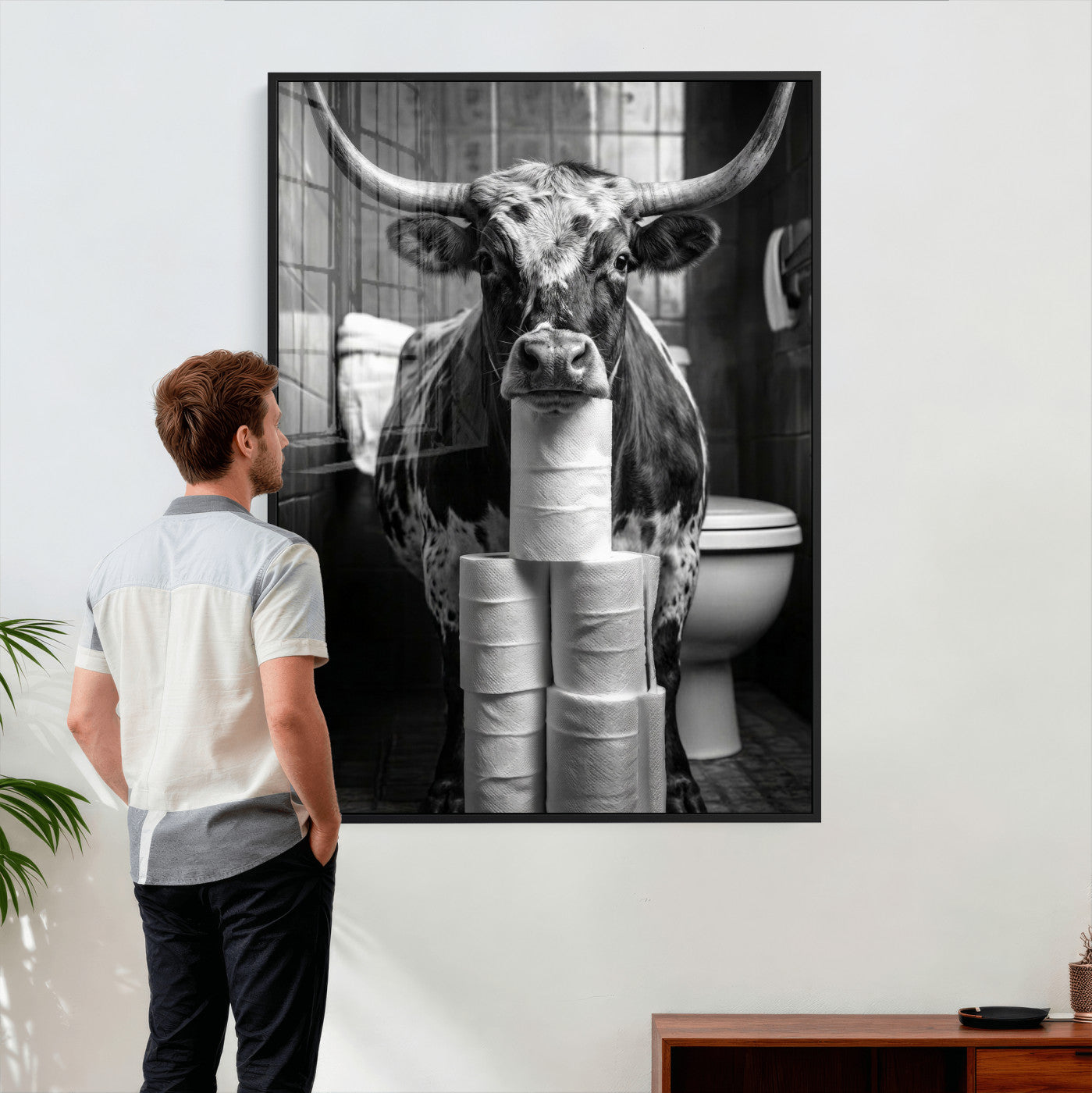 79259956-MGV-CV-24X36 - Texas Longhorn Cow Toilet Paper Canvas Wall Art, Funny Bathroom Black White Print, Cute Animal Humor Decor, Quirky Farmhouse Bathroom Art, Cow Lover Gift