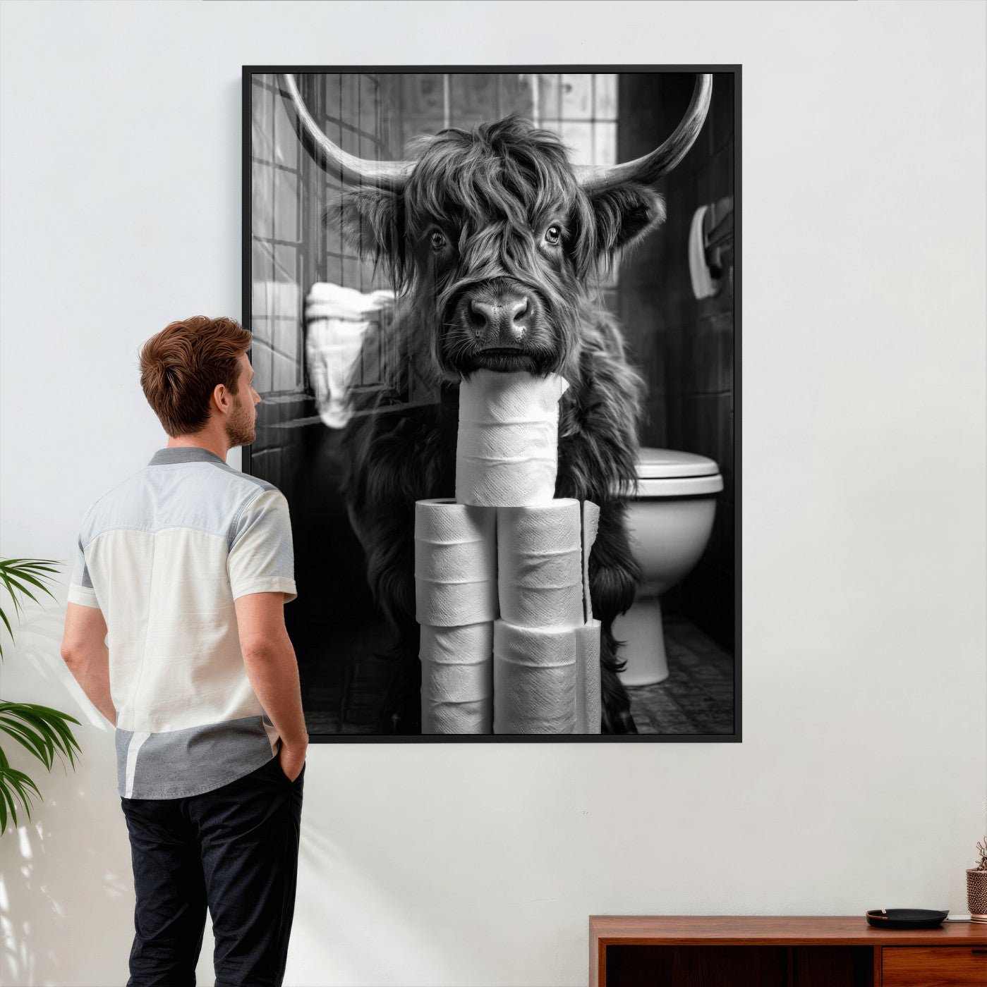 95909209-MGV-CV-24X36 - Highland Cow Toilet Paper Canvas Wall Art, Funny Bathroom Black White Print, Cute Animal Humor Decor, Quirky Farmhouse Bathroom Art, Cow Lover Gift
