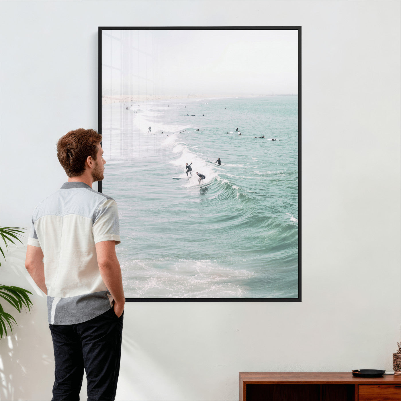 58043762-MGV-CV-24X36 - Surfers on Waves Canvas Wall Art, Aerial Ocean Photography Print, Mint Green Surf Decor, California Beach House Art, Coastal Sports Wall Decor