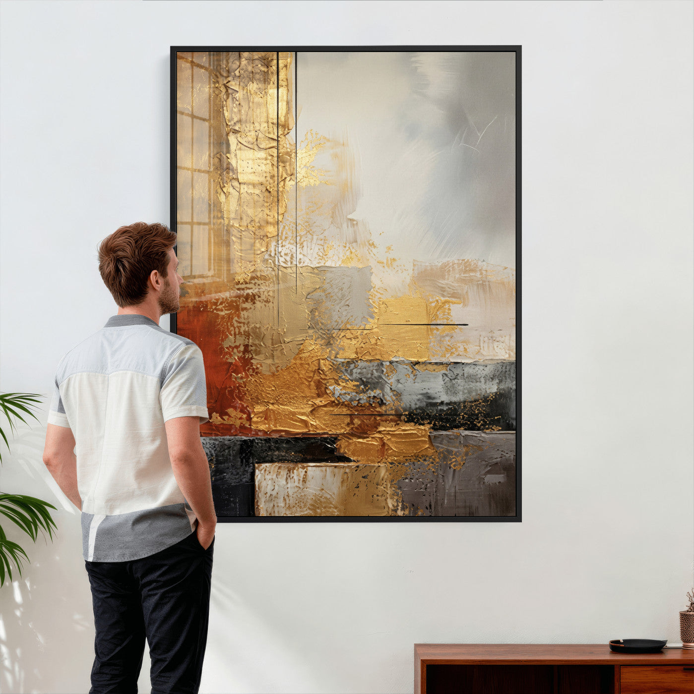 98453723G-MGV-CV-24X36 - Gold Abstract Canvas Wall Art, Luxury Textured Style Gold Leaf Painting Print, Modern Glam Decor, Gold Grey Rust Abstract Art, Living Room Statement Art