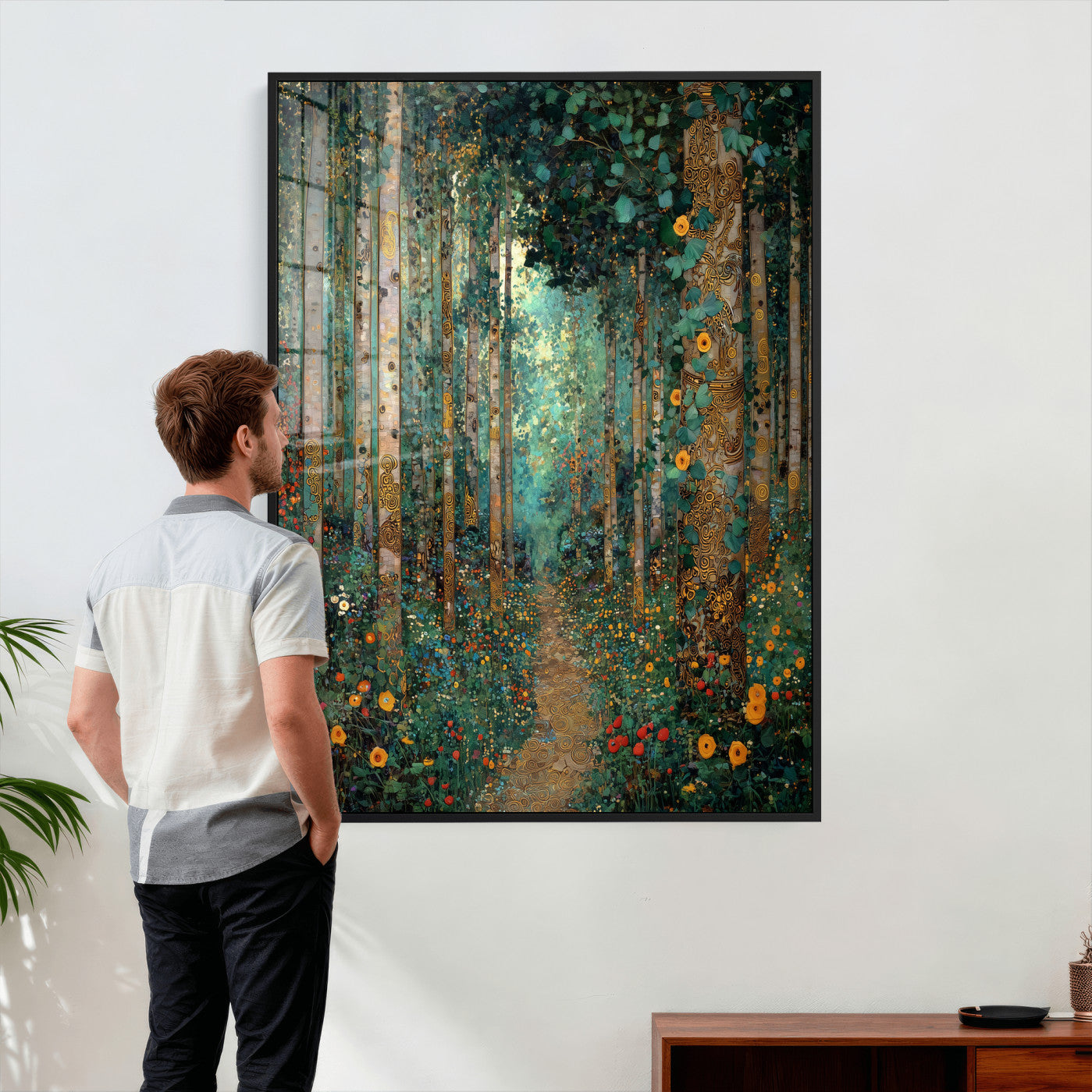 76587981-MGV-CV-24X36 - Gustav Klimt Style Forest Canvas Wall Art, Golden Forest Path Floral Art Nouveau Print, Enchanted Woodland Decor, Maximalist Colorful Nature Art