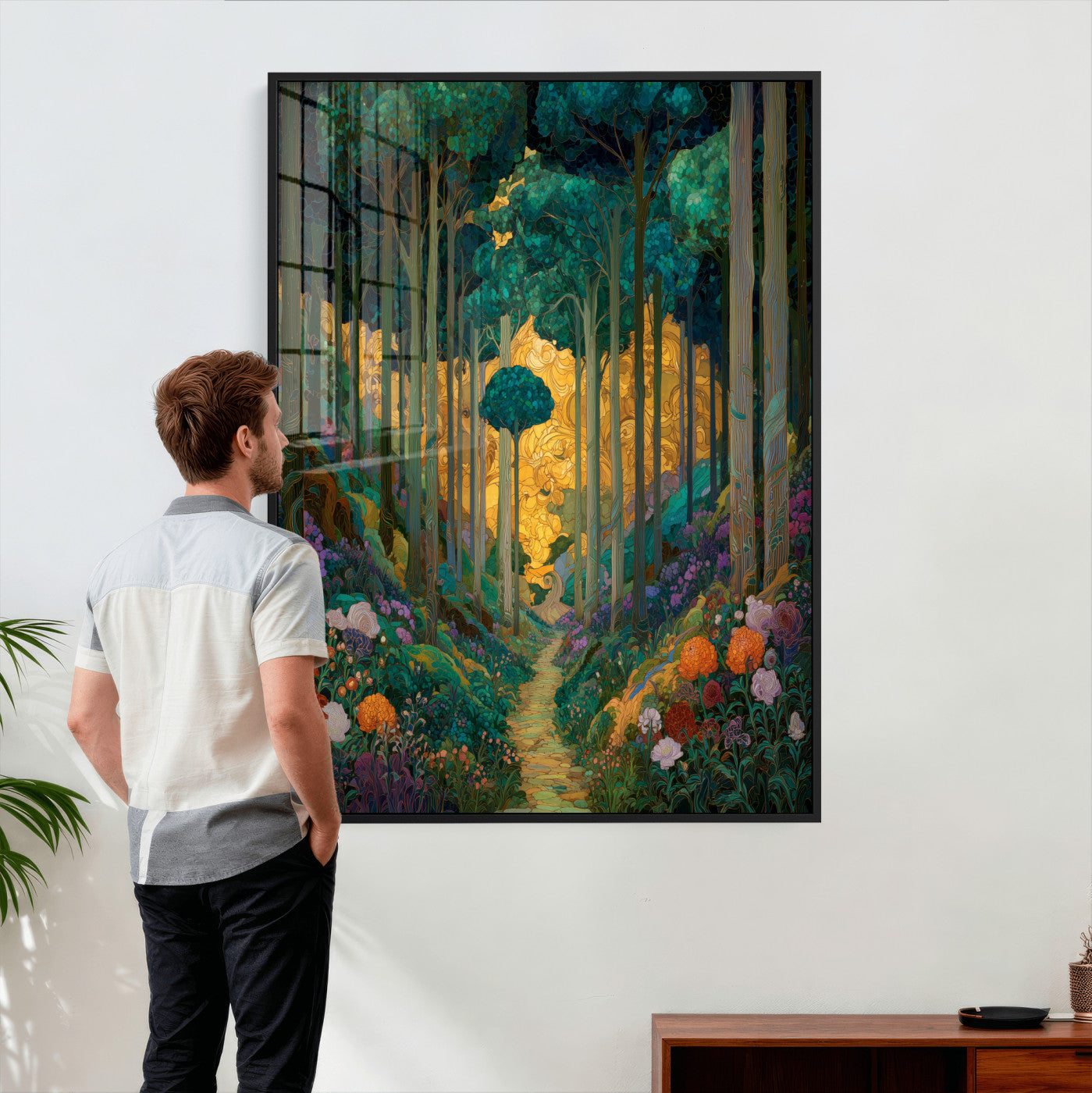 70159913-MGV-CV-24X36 - Gustav Klimt Style Forest Canvas Wall Art, Golden Forest Path Floral Art Nouveau Print, Enchanted Woodland Decor, Maximalist Colorful Nature Art