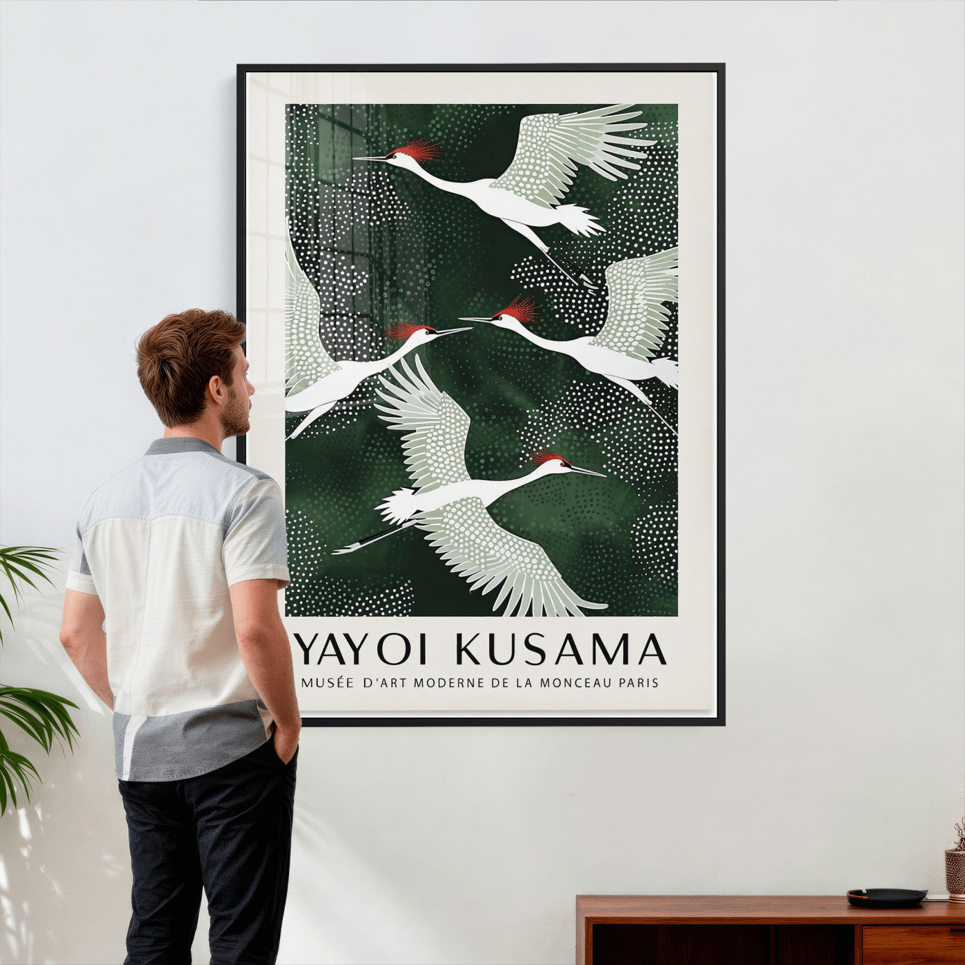 63036906-MGV-CV-24X36 - Yayoi Kusama Crane Bird Wall Art Canvas Print, Japanese Inspired Flying Heron Framed Artwork, Green Botanical Nature Decor for Living Room Bedroom Office