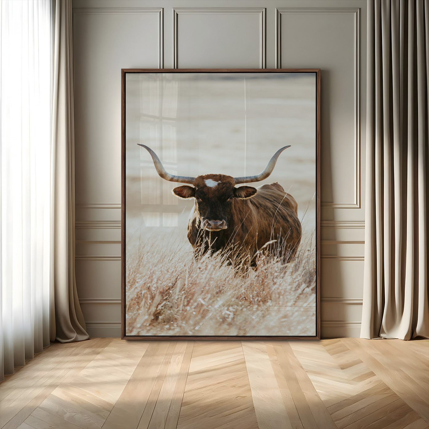 MGV-FP-48X32-3P - Texas Longhorn Wall Art Canvas Print, Framed Brown Cattle Art Picture Print, Horned Bull Perfect Rustic Western Decor Artwork