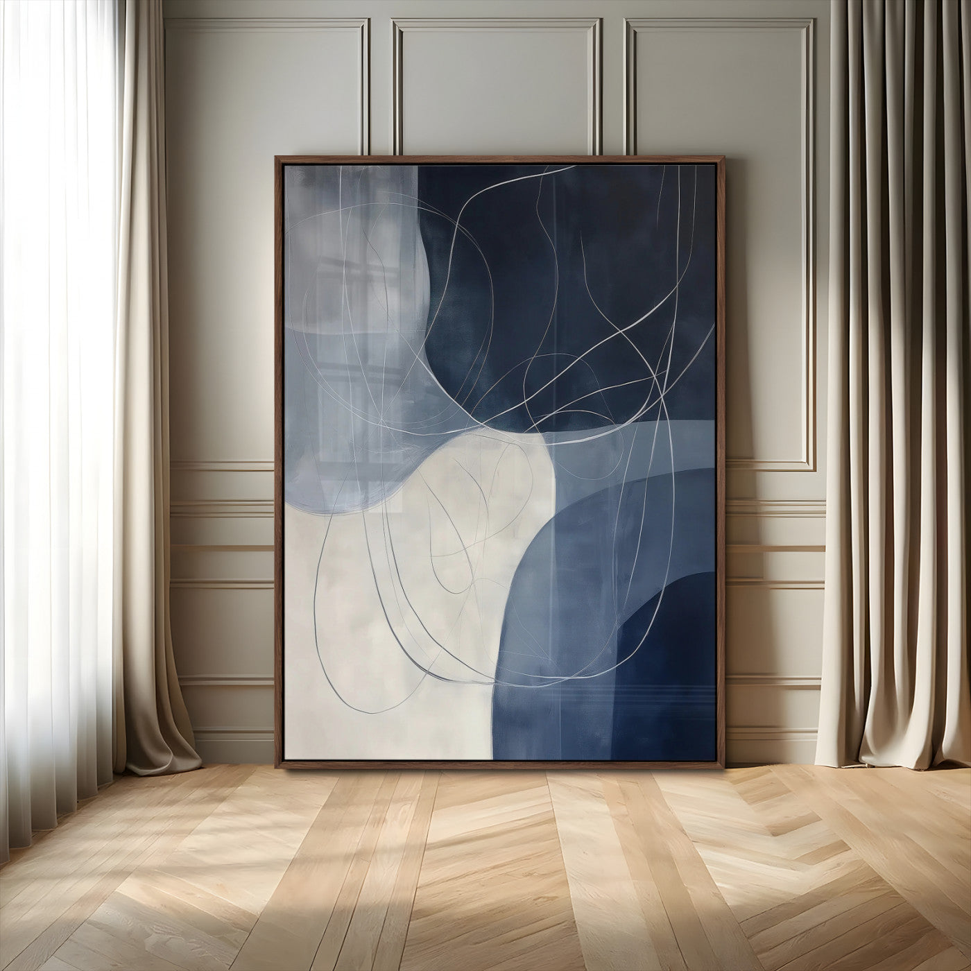MGV-FP-48X32-3P - Navy Abstract Wall Art Canvas Print, Framed Minimal Lineart Art Picture Print, Abstract Shapes Perfect Minimalist Abstract Decor Artwork