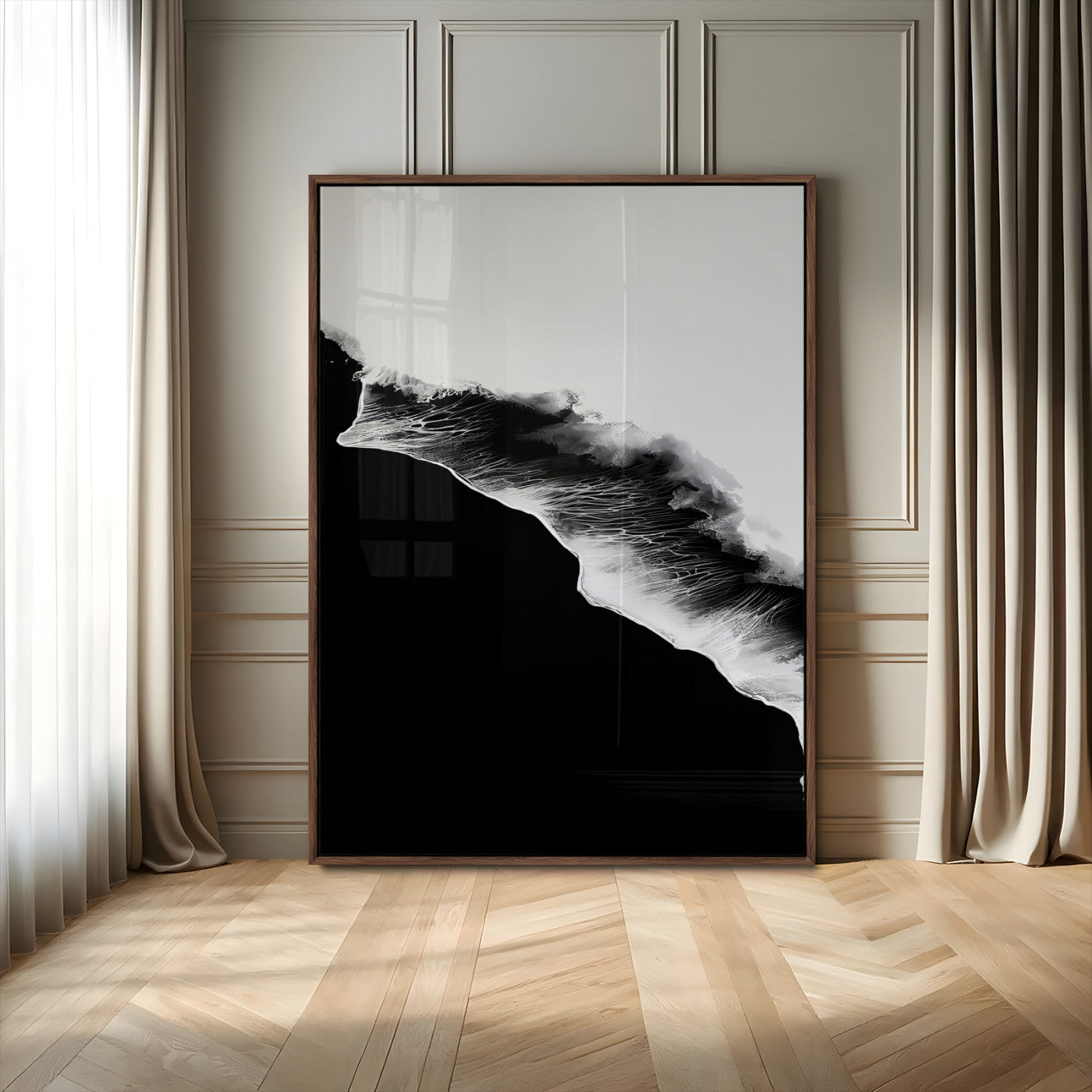 MGV-FP-48X32-3P - Ocean Wave Wall Art Canvas Print, Framed Abstract Wave Art Picture Print, Monochrome Sea Perfect Modern Minimal Decor Artwork
