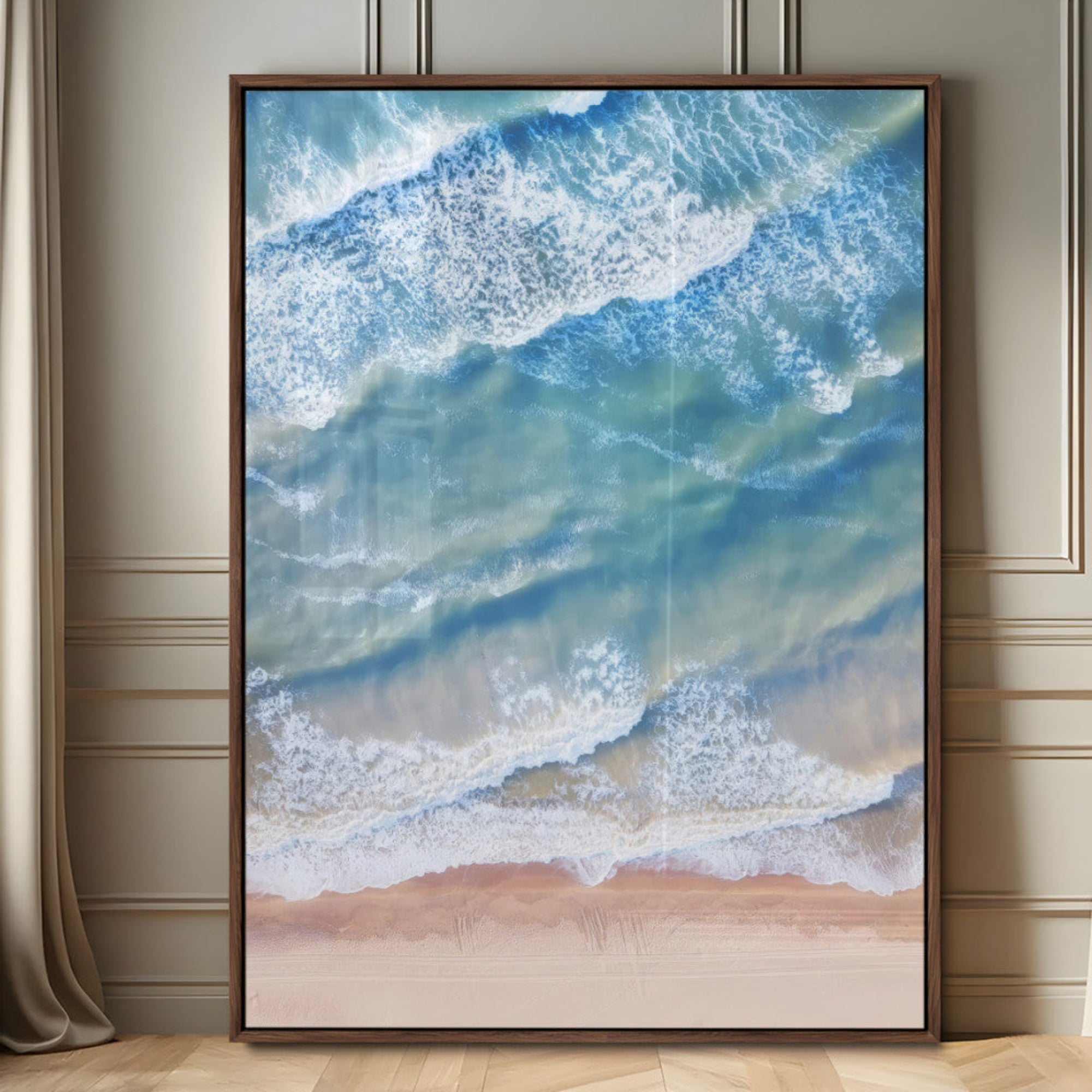 81208260-MGV-CV-24X36-Aerial Ocean View Wall Art Canvas Print – Framed Soft Blue Waves Sandy Shoreline Modern Coastal Artwork for Home Office