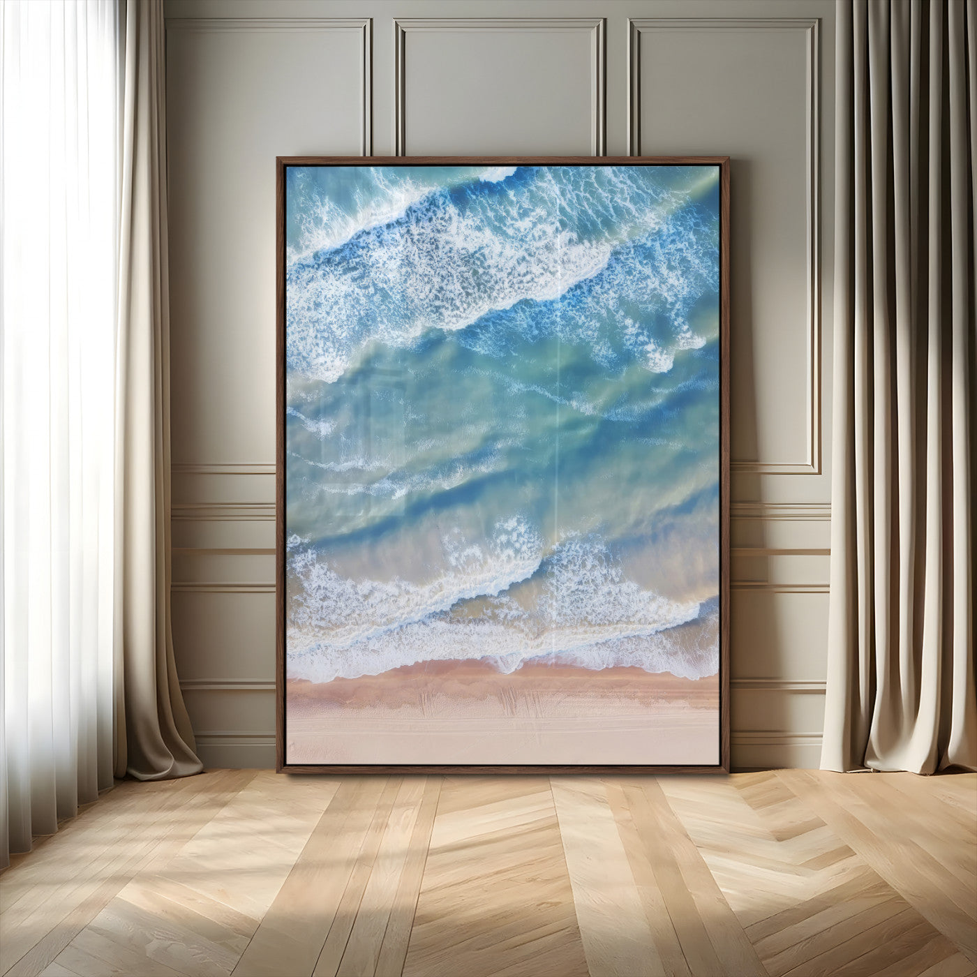 MGV-FP-48X32-3P - Aerial Ocean View Wall Art Canvas Print, Framed Soft Blue Waves Art Picture Print, Sandy Shoreline Perfect Modern Coastal Decor Artwork