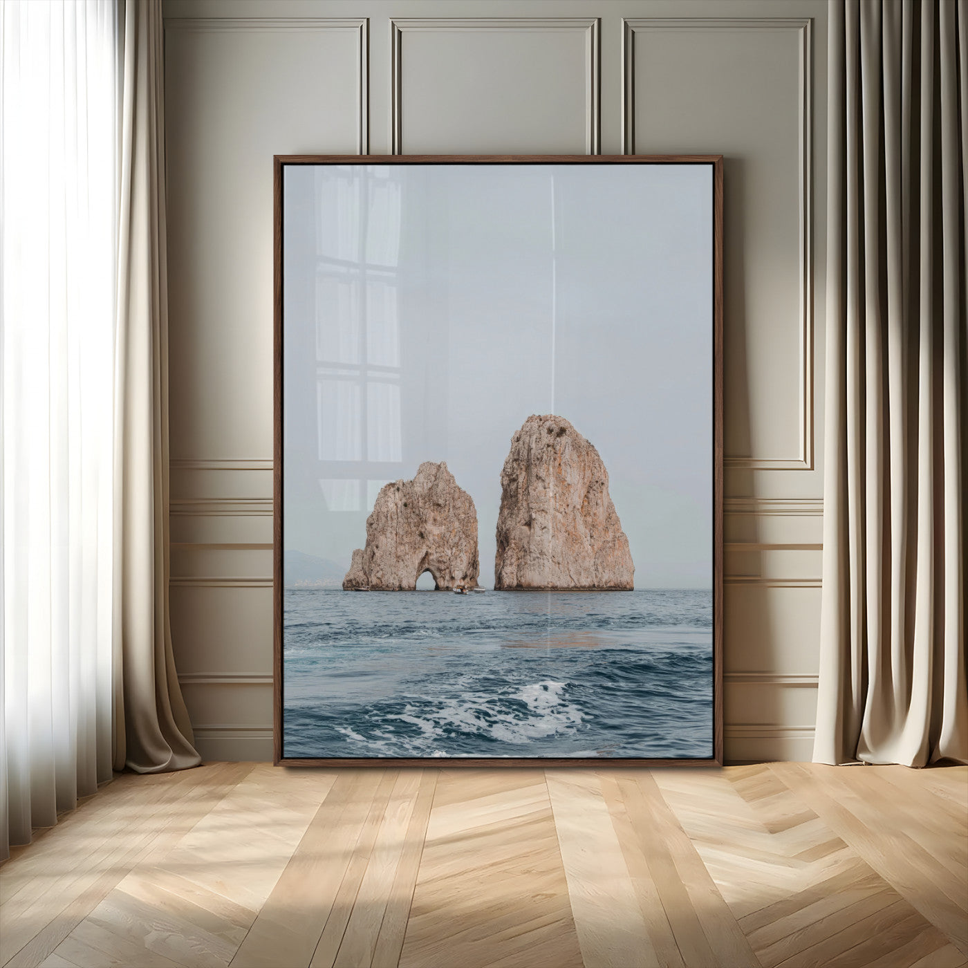 MGV-FP-48X32-3P - Faraglioni Capri Wall Art Canvas Print, Framed Serene Ocean Art Picture Print, Mediterranean Coastal View Perfect Mediterranean Minimalist Decor Artwork