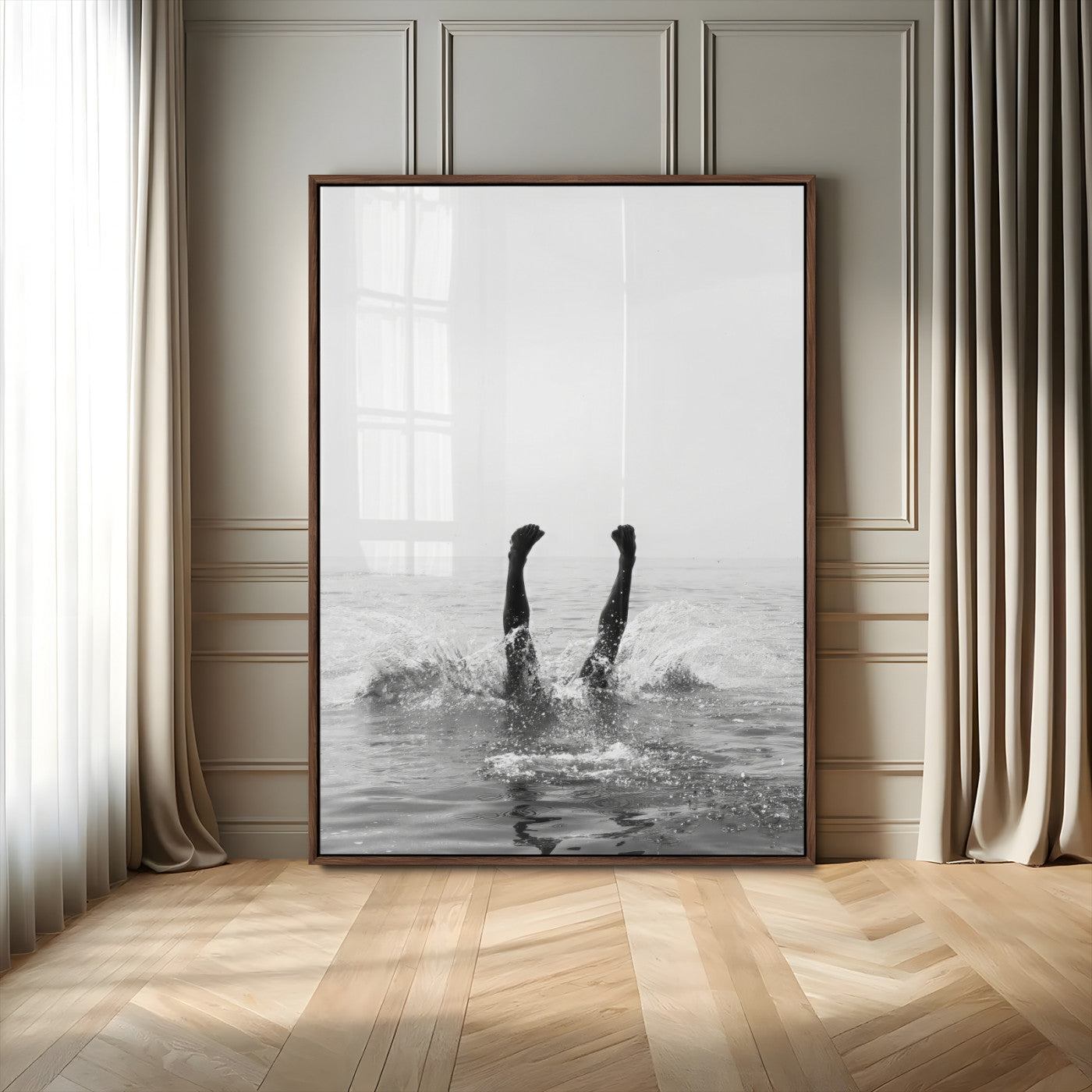 MGV-FP-48X32-3P - Minimal Ocean Wall Art Canvas Print, Framed Monochrome Diving Art Picture Print, Swimmer in Sea Perfect Minimalist Coastal Decor Artwork