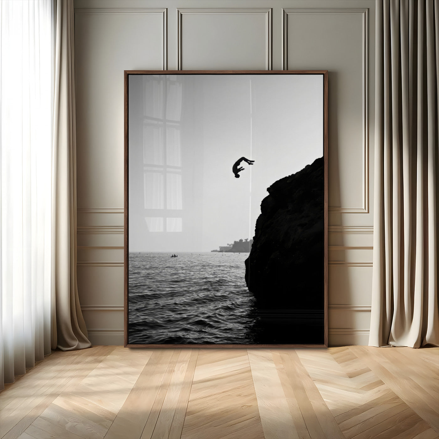 MGV-FP-48X32-3P - Cliff Jumping Silhouette Wall Art Canvas Print, Framed Black White Ocean Art Picture Print, Monochrome Cliff Dive Perfect Minimalist Adventure Decor Artwork