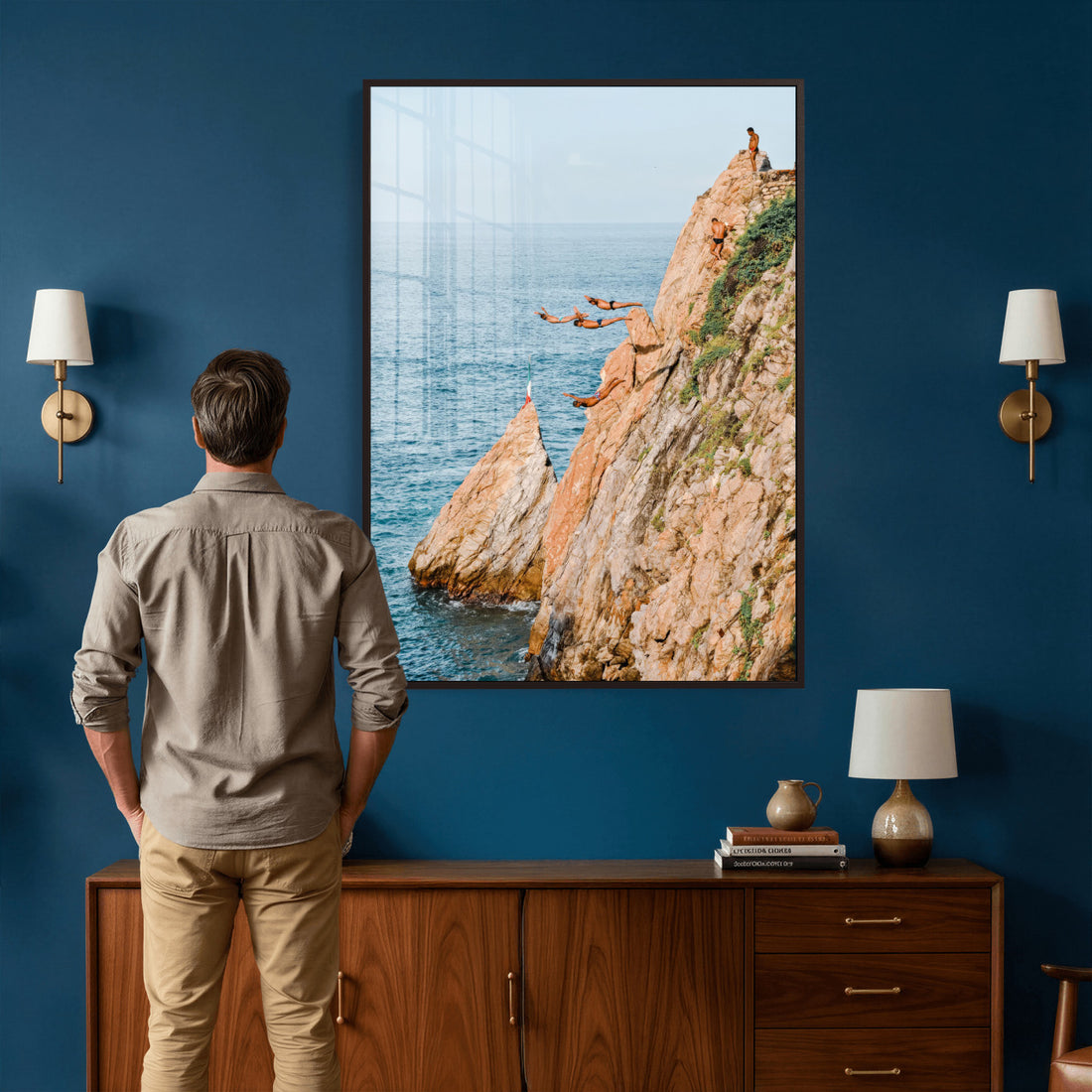 Cliff Dive Wall Art | Ocean Jump Canvas Print, Blue Sky