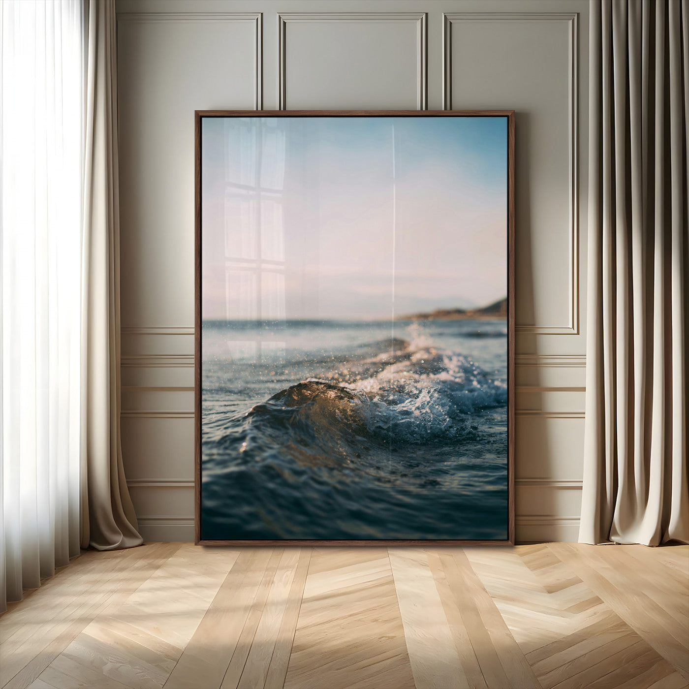 MGV-FP-48X32-3P - Ocean Waves Wall Art Canvas Print, Framed Coastal Serenity Art Picture Print, Golden Hour Perfect Modern Coastal Decor Artwork
