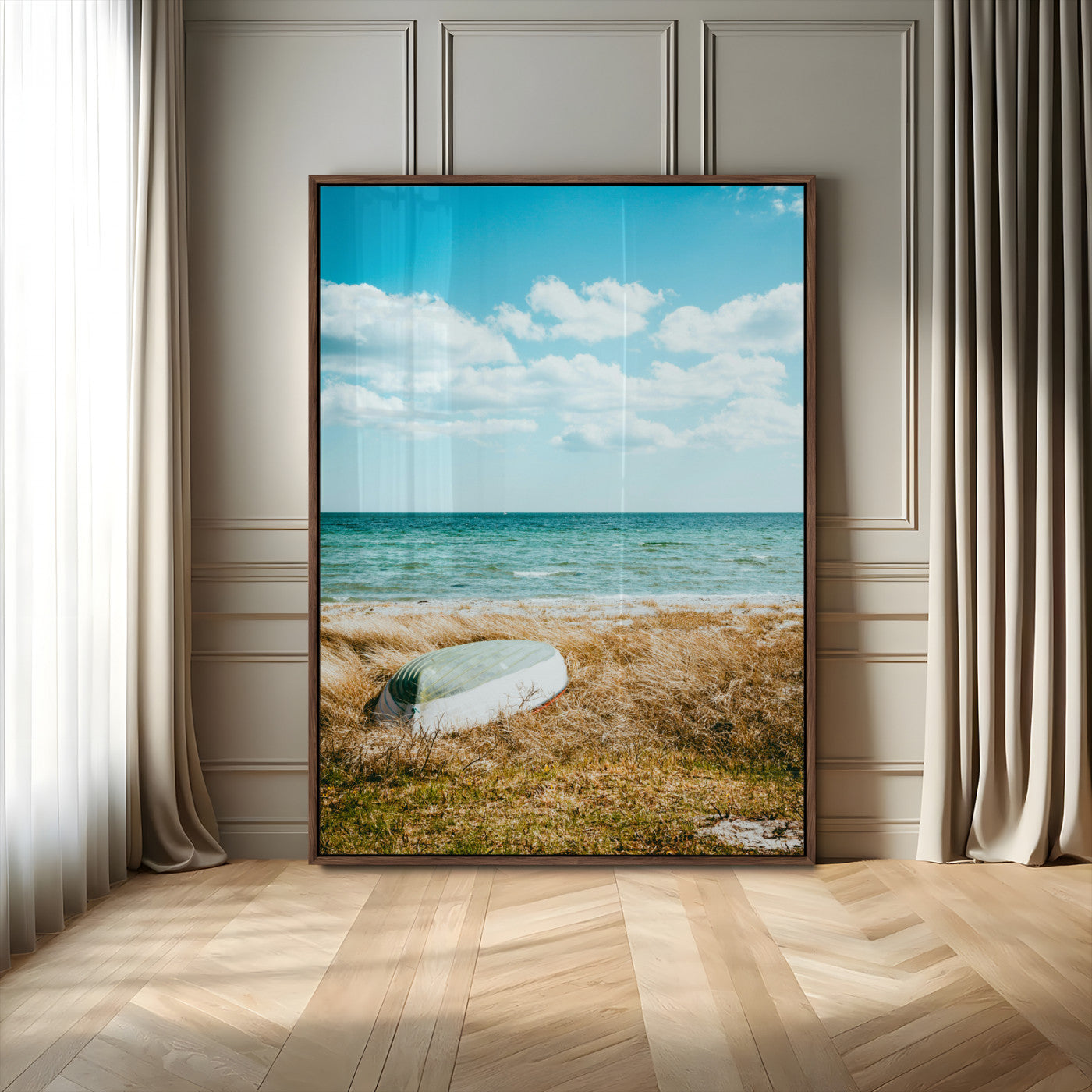 MGV-FP-48X32-3P - Coastal Serenity Wall Art Canvas Print, Framed Ocean View Art Picture Print, Rustic Boat Perfect Nautical Coastal Decor Artwork