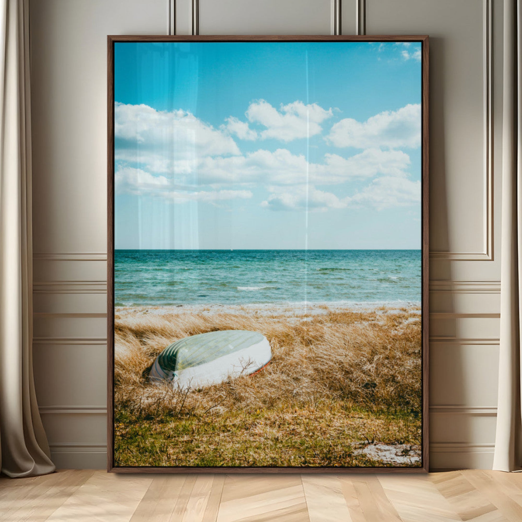 21725303-MGV-CV-24X36-Coastal Serenity Wall Art Canvas Print – Framed Ocean View Rustic Boat Nautical Scene Artwork for Home Office