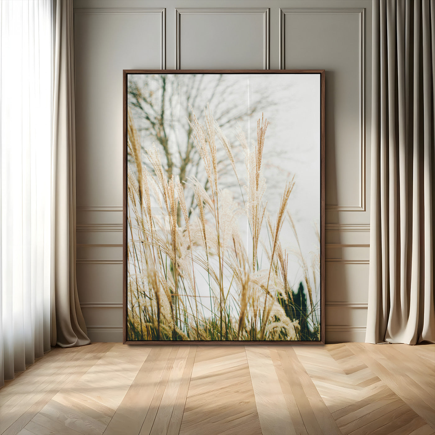 MGV-FP-48X32-3P - Pampas Grass Wall Art Canvas Print, Framed Neutral Tones Art Picture Print, Minimalist Nature Perfect Boho Minimalist Decor Artwork