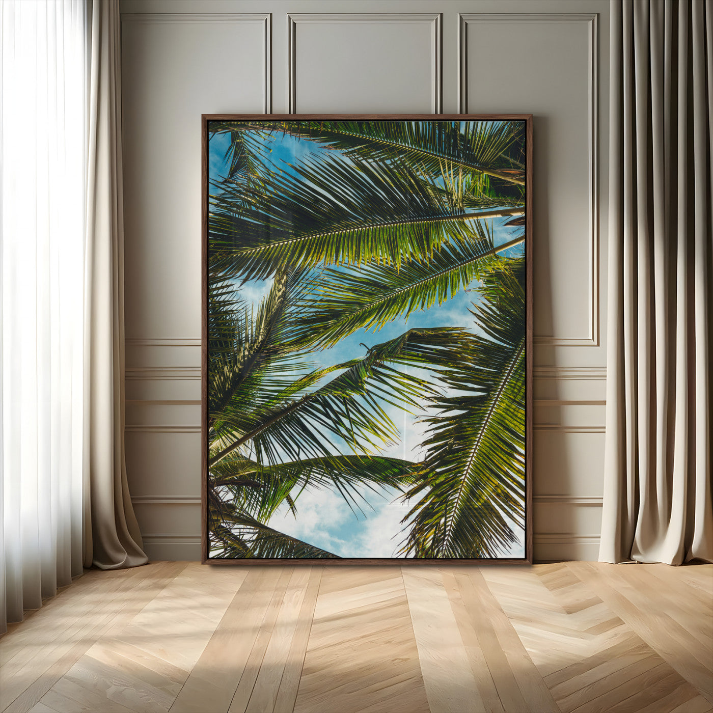 MGV-FP-48X32-3P - Palm Leaves Wall Art Canvas Print, Framed Tropical Vibes Art Picture Print, Green Foliage Perfect Tropical Boho Decor Artwork