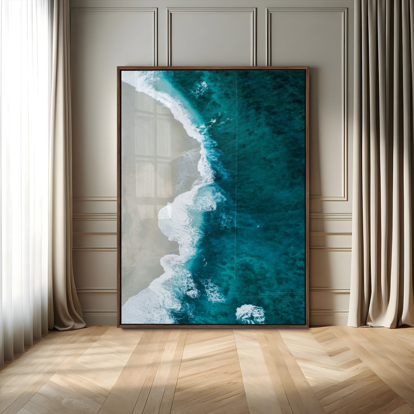MGV-FP-48X32-3P - Aerial Ocean View Wall Art Canvas Print, Framed Coastal Serenity Art Picture Print, Turquoise Waves Perfect Modern Coastal Decor Artwork