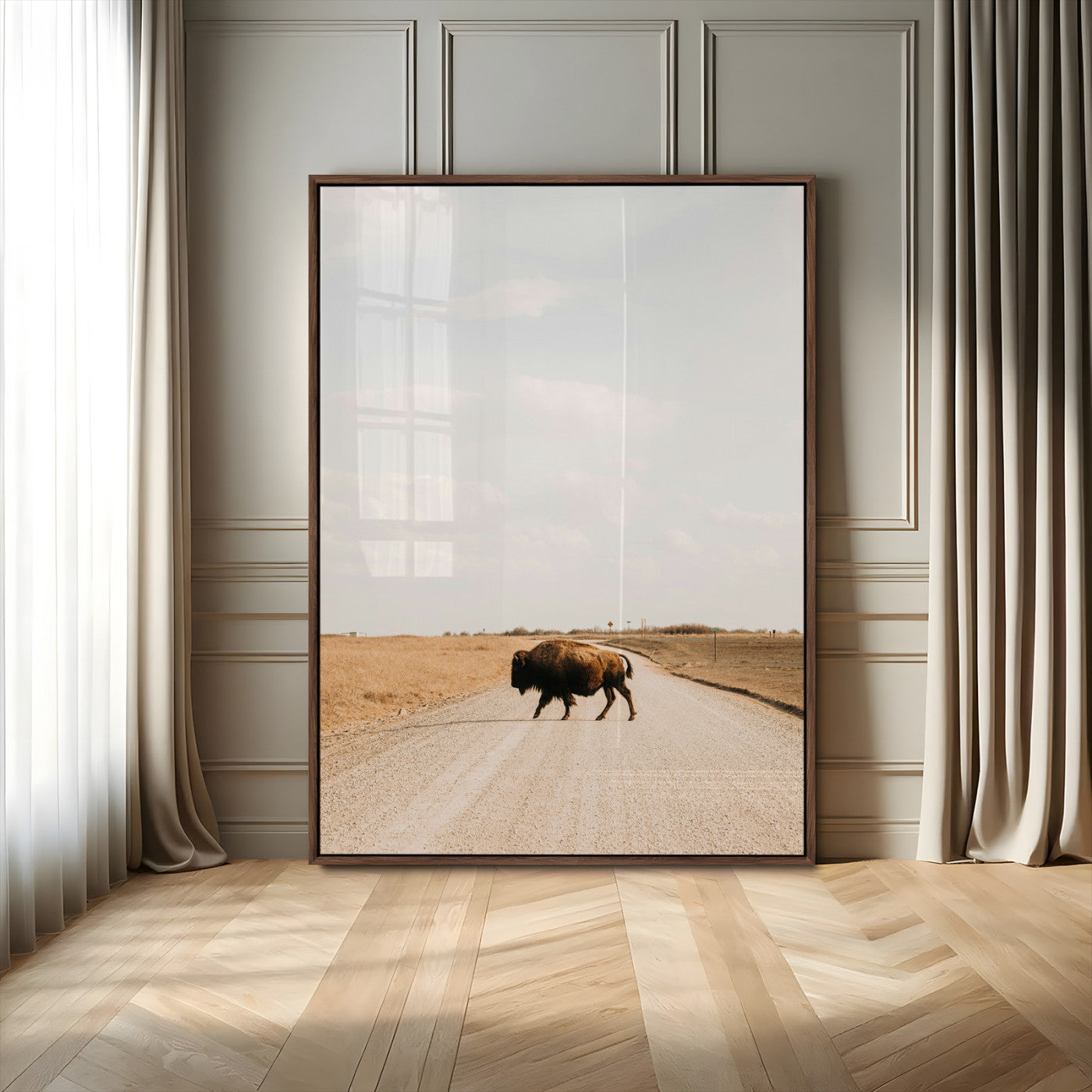 MGV-FP-48X32-3P - Bison Crossing Wall Art Canvas Print, Framed Western Landscape Art Picture Print, Prairie Road Perfect Modern Ranch Decor Decor Artwork