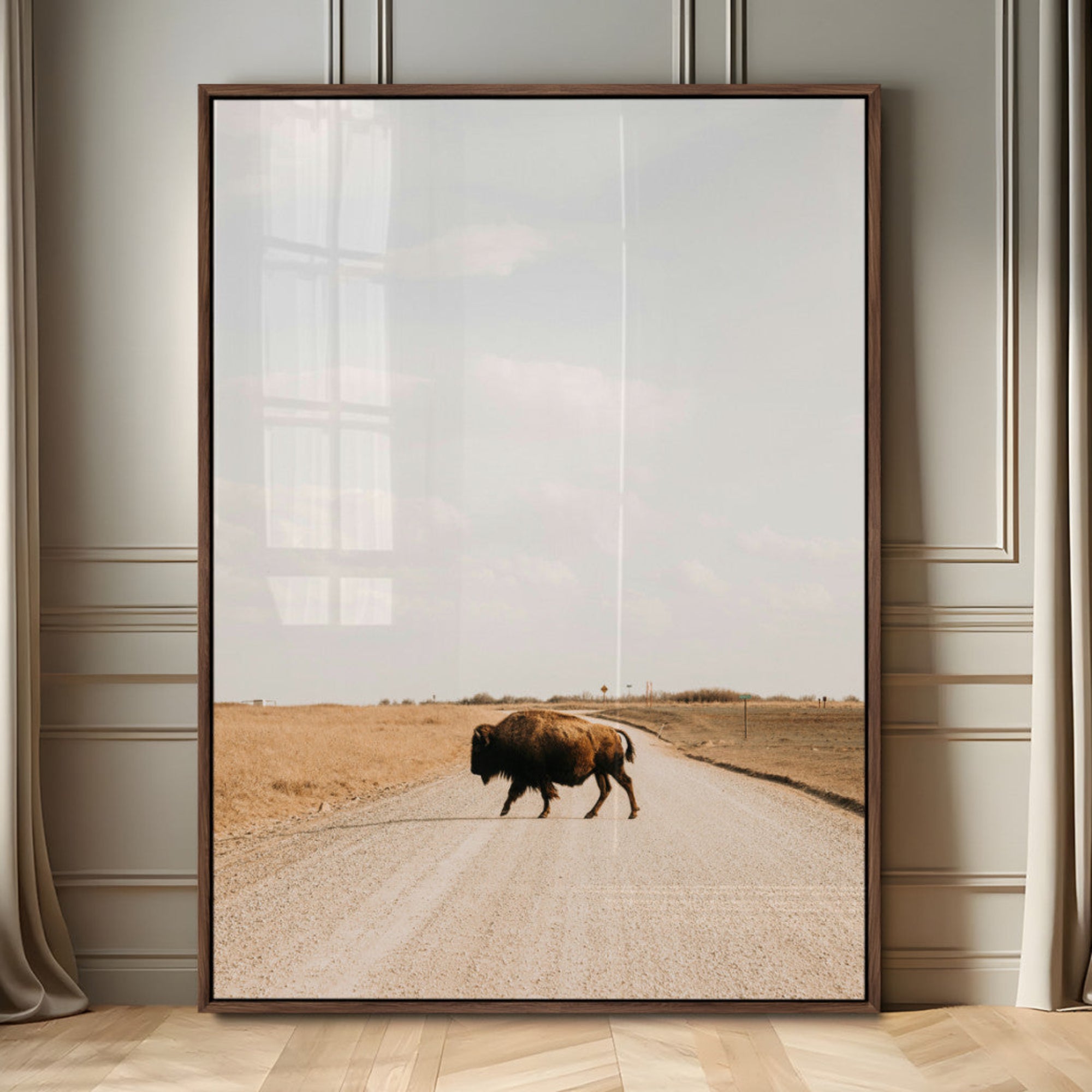 63874278-MGV-CV-24X36-Bison Crossing Wall Art Canvas Print – Framed Western Prairie Road Landscape Nature Scene Artwork for Home Office