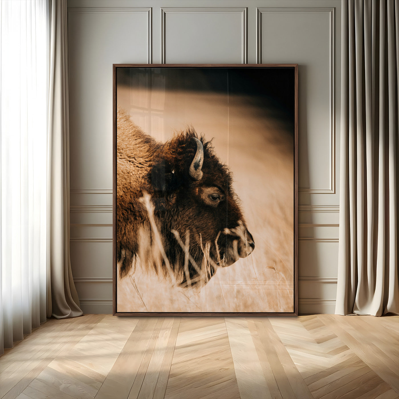 MGV-FP-48X32-3P - Bison Portrait Wall Art Canvas Print, Framed Western Landscape Art Picture Print, Prairie Serenity Perfect Modern Ranch Decor Decor Artwork