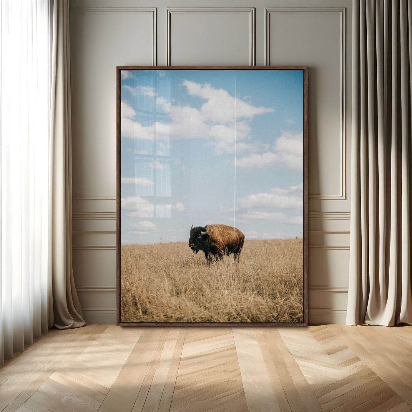 MGV-FP-48X32-3P - Bison Photography Wall Art Canvas Print, Framed Western Landscape Art Picture Print, Prairie Serenity Perfect Modern Ranch Decor Decor Artwork