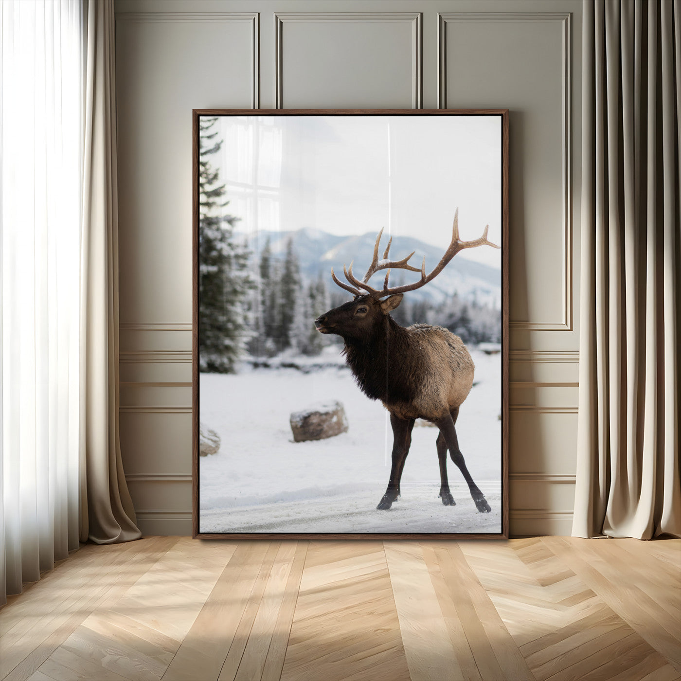 MGV-FP-48X32-3P - Elk Photography Wall Art Canvas Print, Framed Winter Wildlife Art Picture Print, Snowy Mountains Perfect Rustic Cabin Decor Decor Artwork