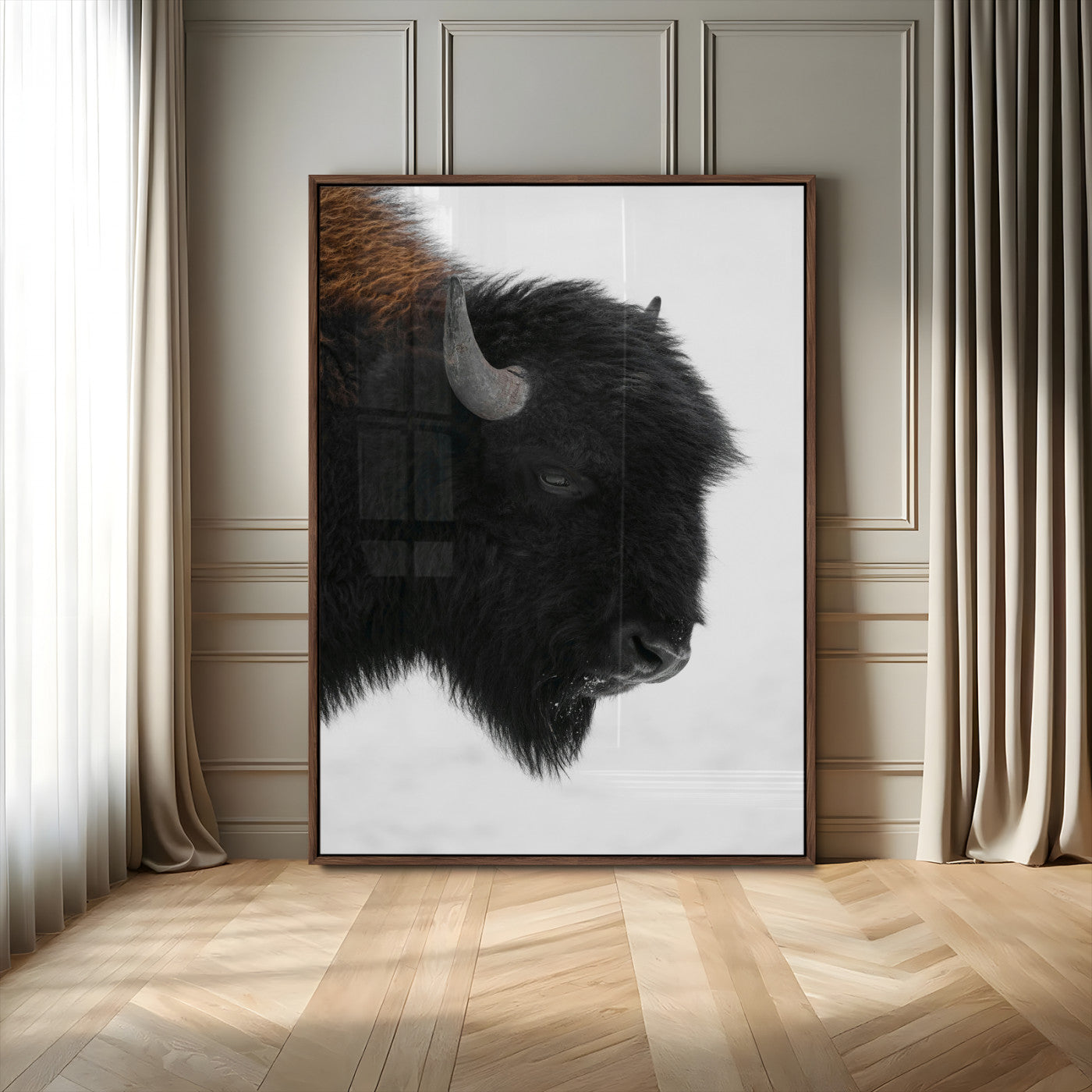 MGV-FP-48X32-3P - Western Rustic Wall Art Canvas Print, Framed Buffalo Photography Art Picture Print, Black and White Wildlife Perfect Country Decor Artwork